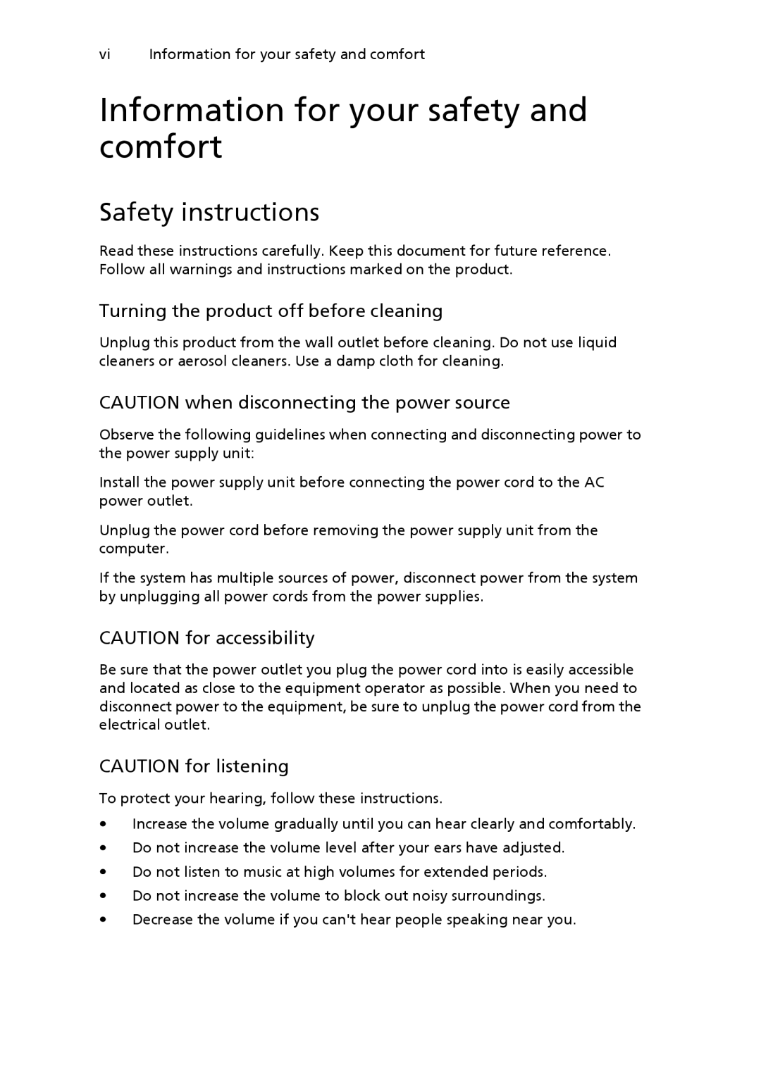 Acer NTL1CAA002 Information for your safety and comfort, Safety instructions, Turning the product off before cleaning 