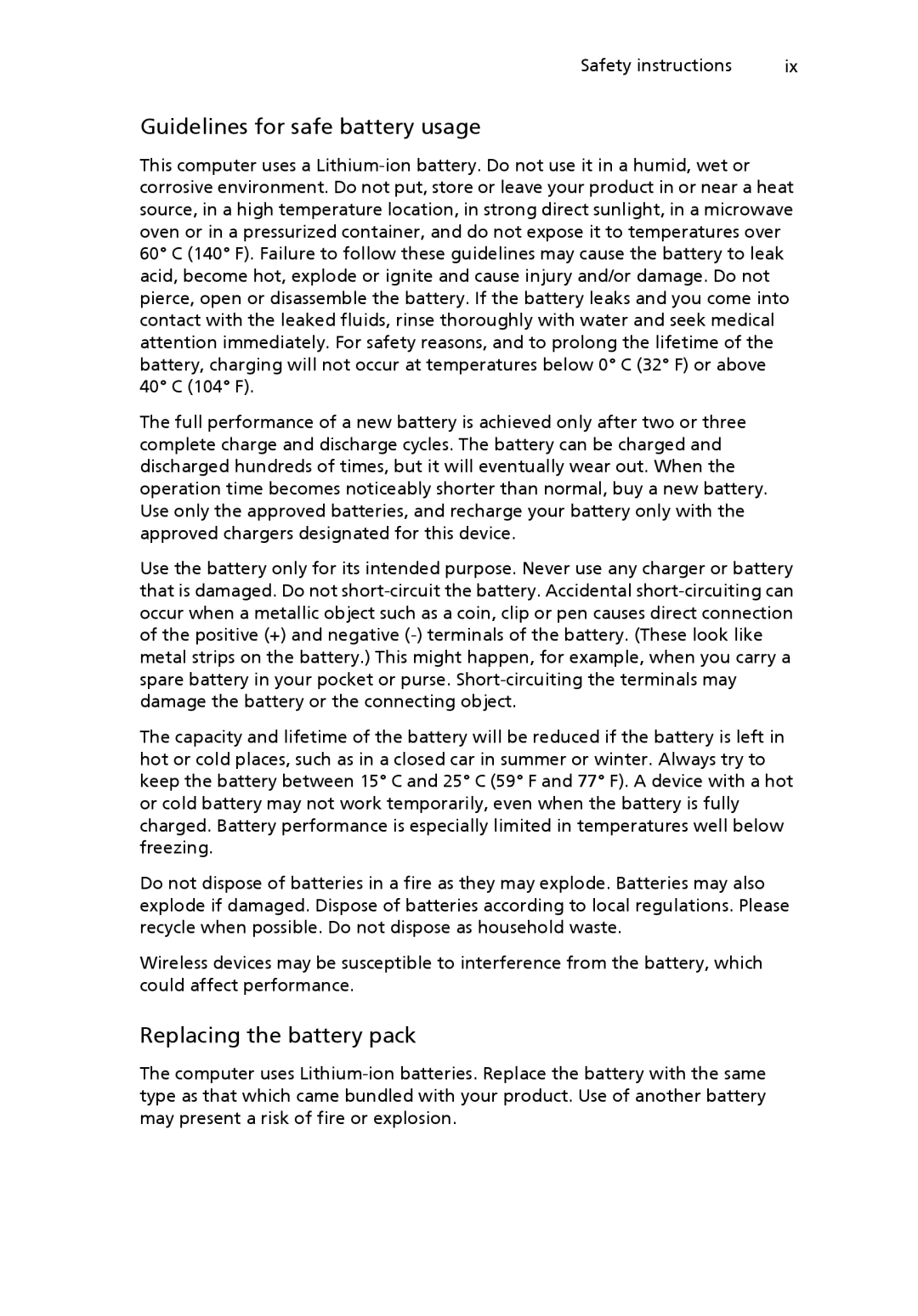 Acer NTL1CAA002 manual Guidelines for safe battery usage, Replacing the battery pack 