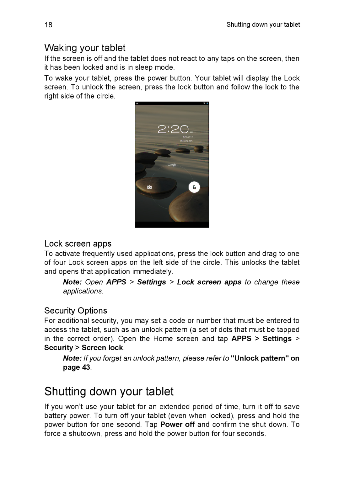 Acer NT.L1VEK.001, B1-710 manual Shutting down your tablet, Waking your tablet, Lock screen apps, Security Options 