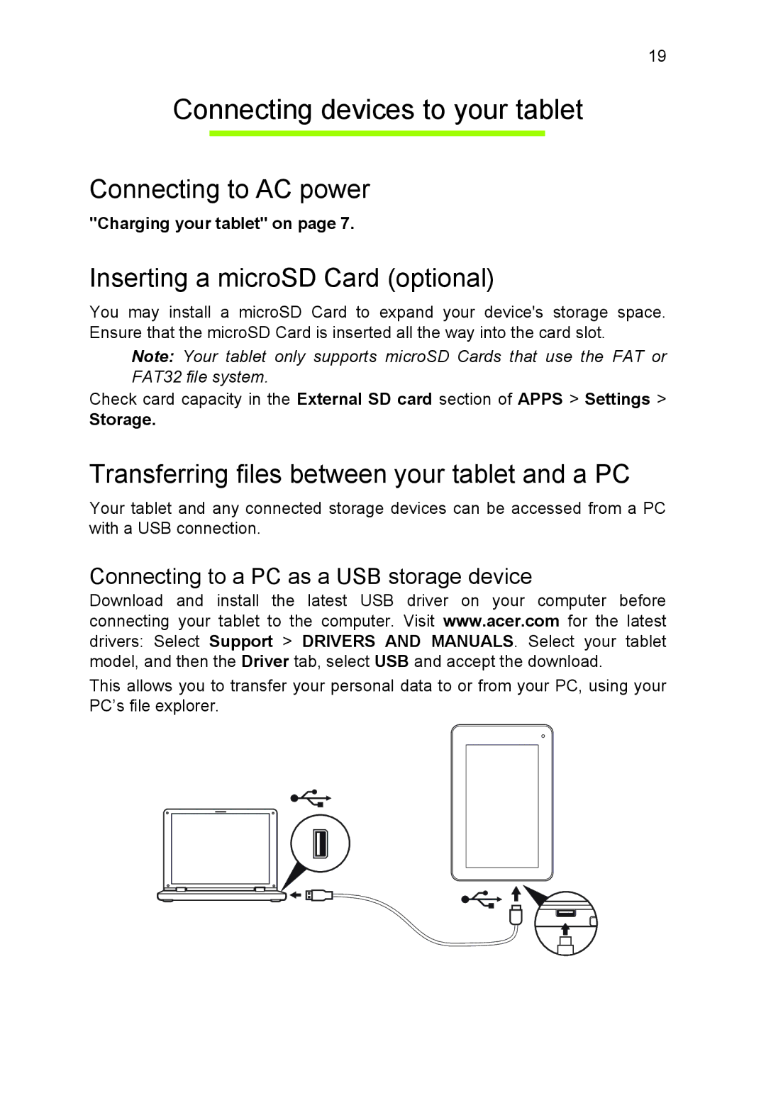 Acer B1-710, NT.L1VEK.001 Connecting devices to your tablet, Connecting to AC power, Inserting a microSD Card optional 