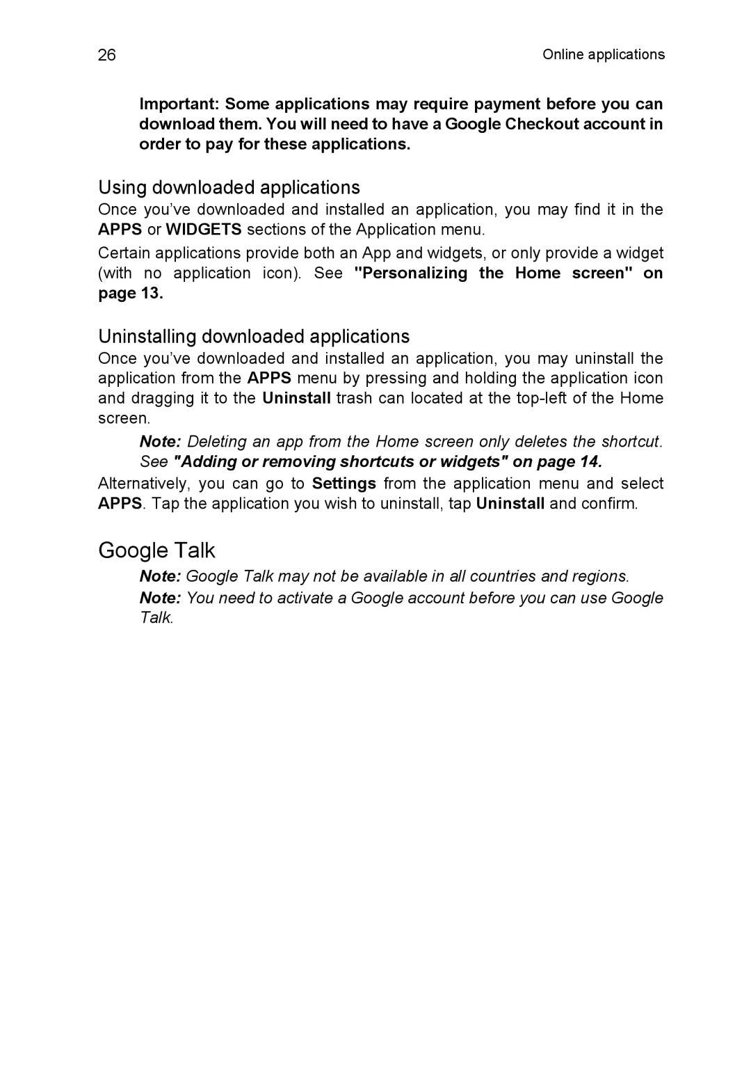 Acer NT.L1VEK.001, B1-710 manual Google Talk, Using downloaded applications, Uninstalling downloaded applications 