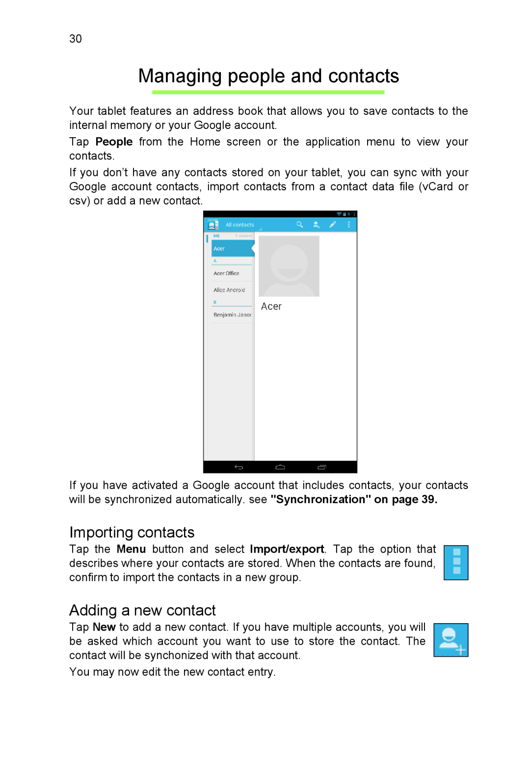 Acer NT.L1VEK.001, B1-710 manual Managing people and contacts, Importing contacts, Adding a new contact 