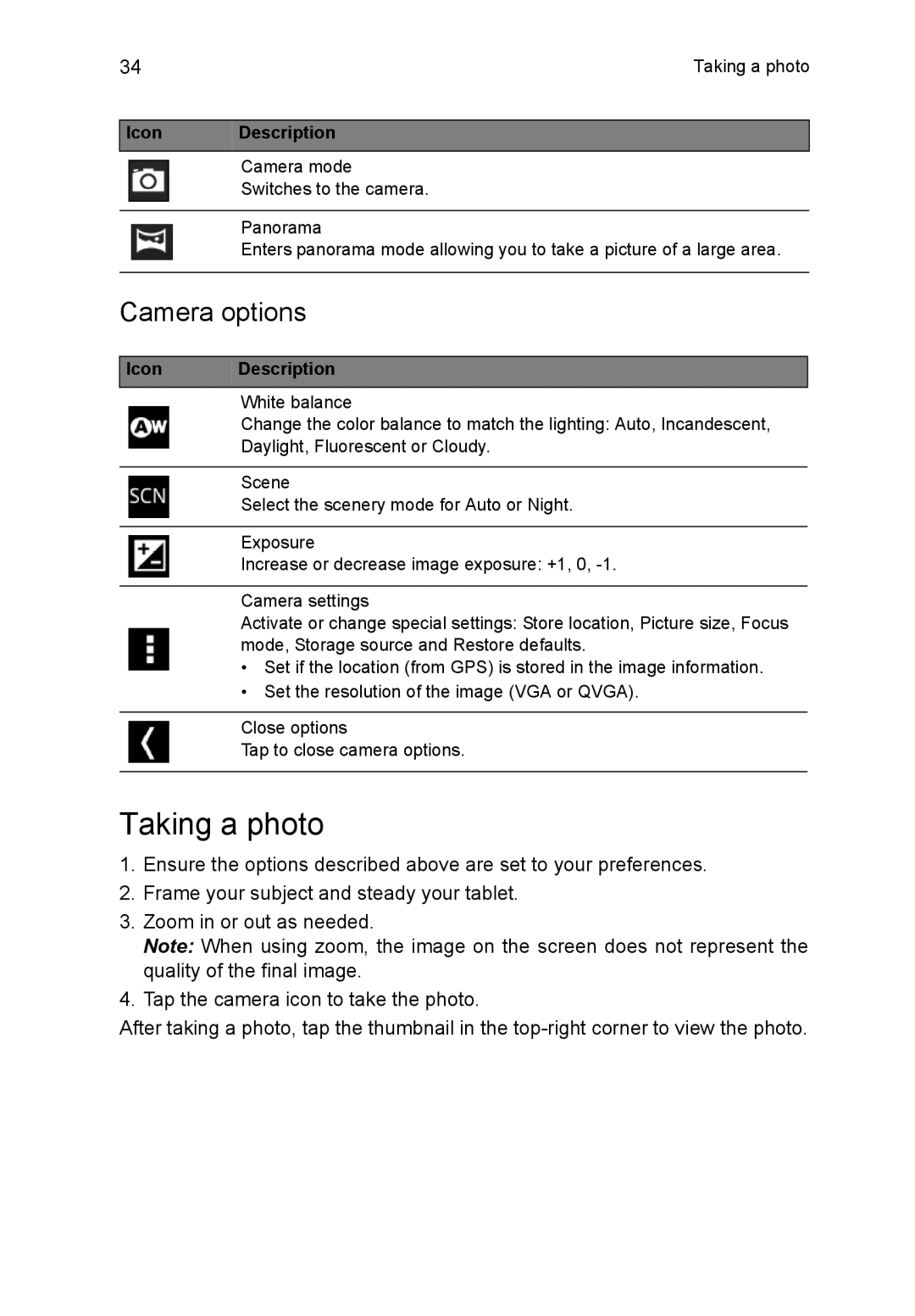 Acer NT.L1VEK.001, B1-710 manual Taking a photo, Camera options 