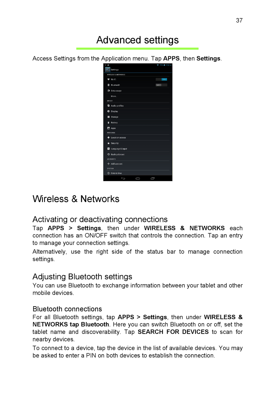 Acer B1-710 Advanced settings, Wireless & Networks, Activating or deactivating connections, Adjusting Bluetooth settings 