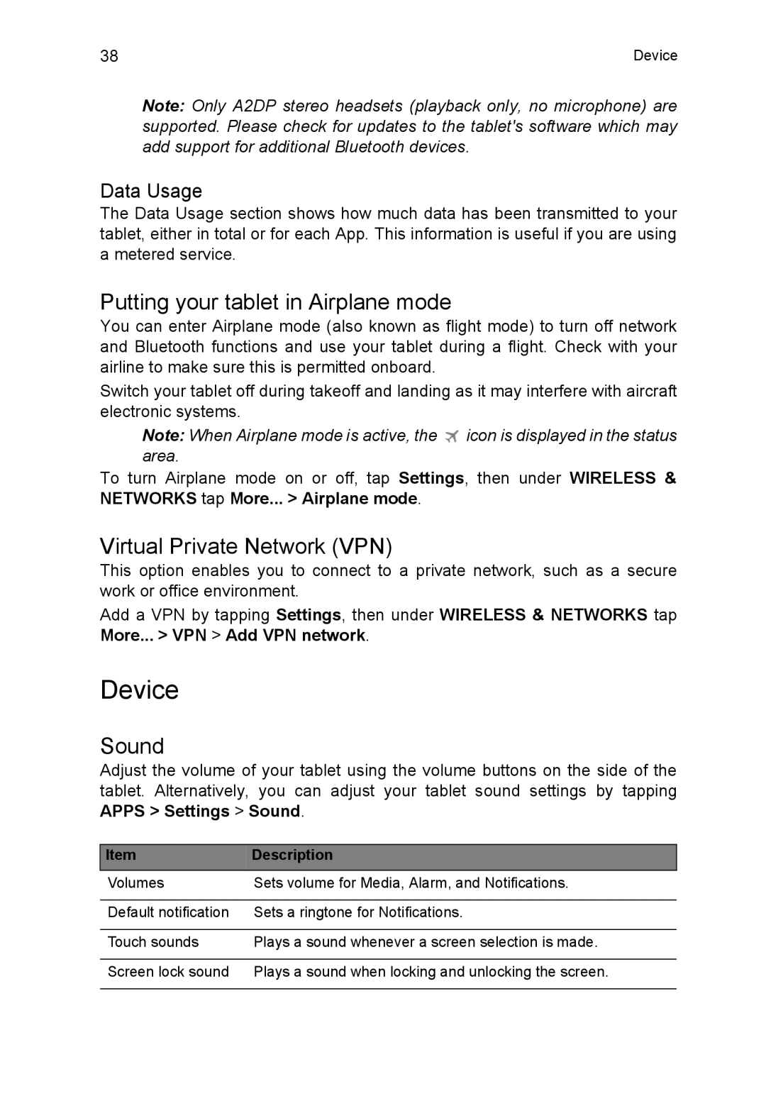 Acer NT.L1VEK.001, B1-710 Device, Putting your tablet in Airplane mode, Virtual Private Network VPN, Sound, Data Usage 