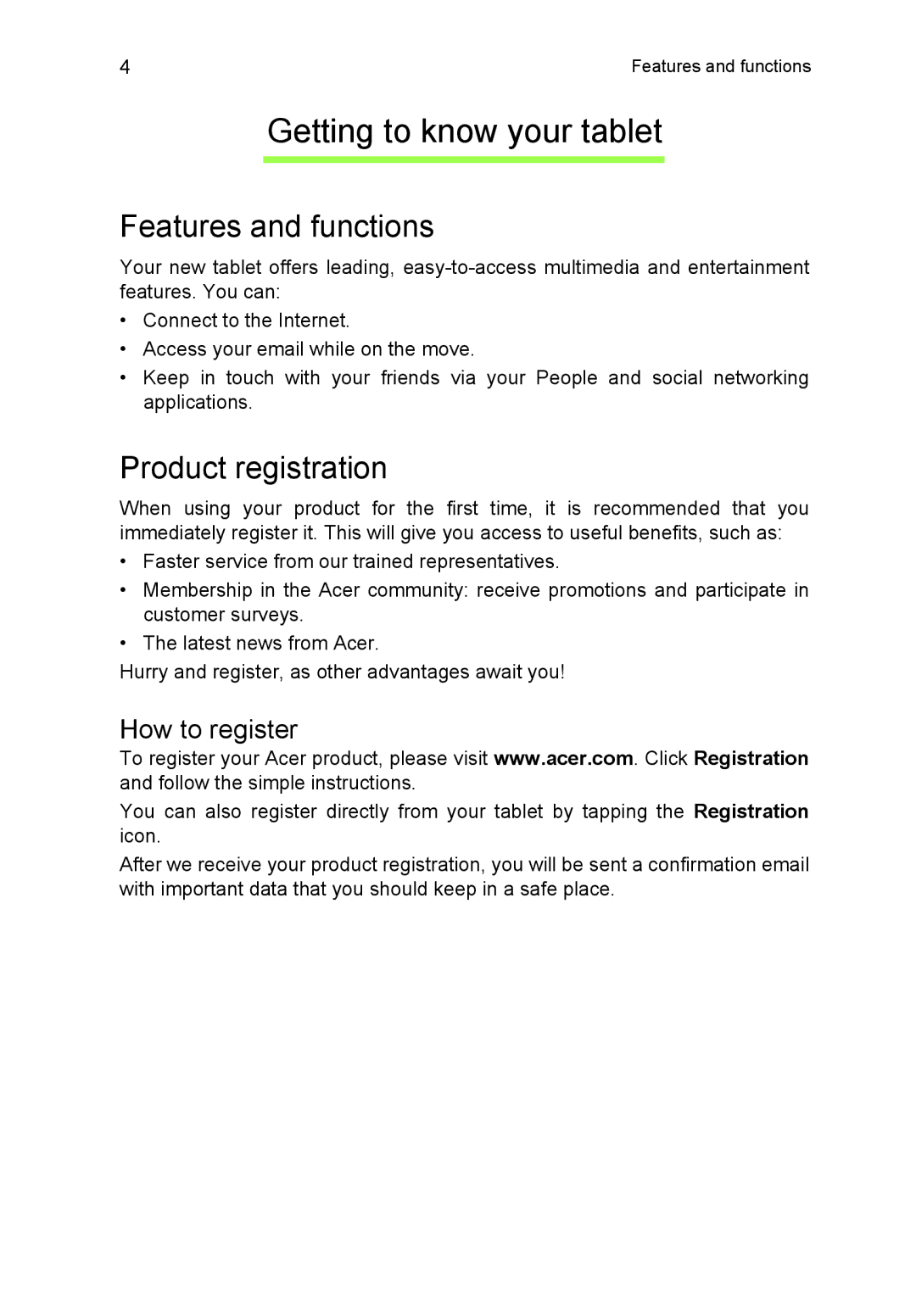 Acer NT.L1VEK.001, B1-710 manual Getting to know your tablet, Features and functions, Product registration, How to register 