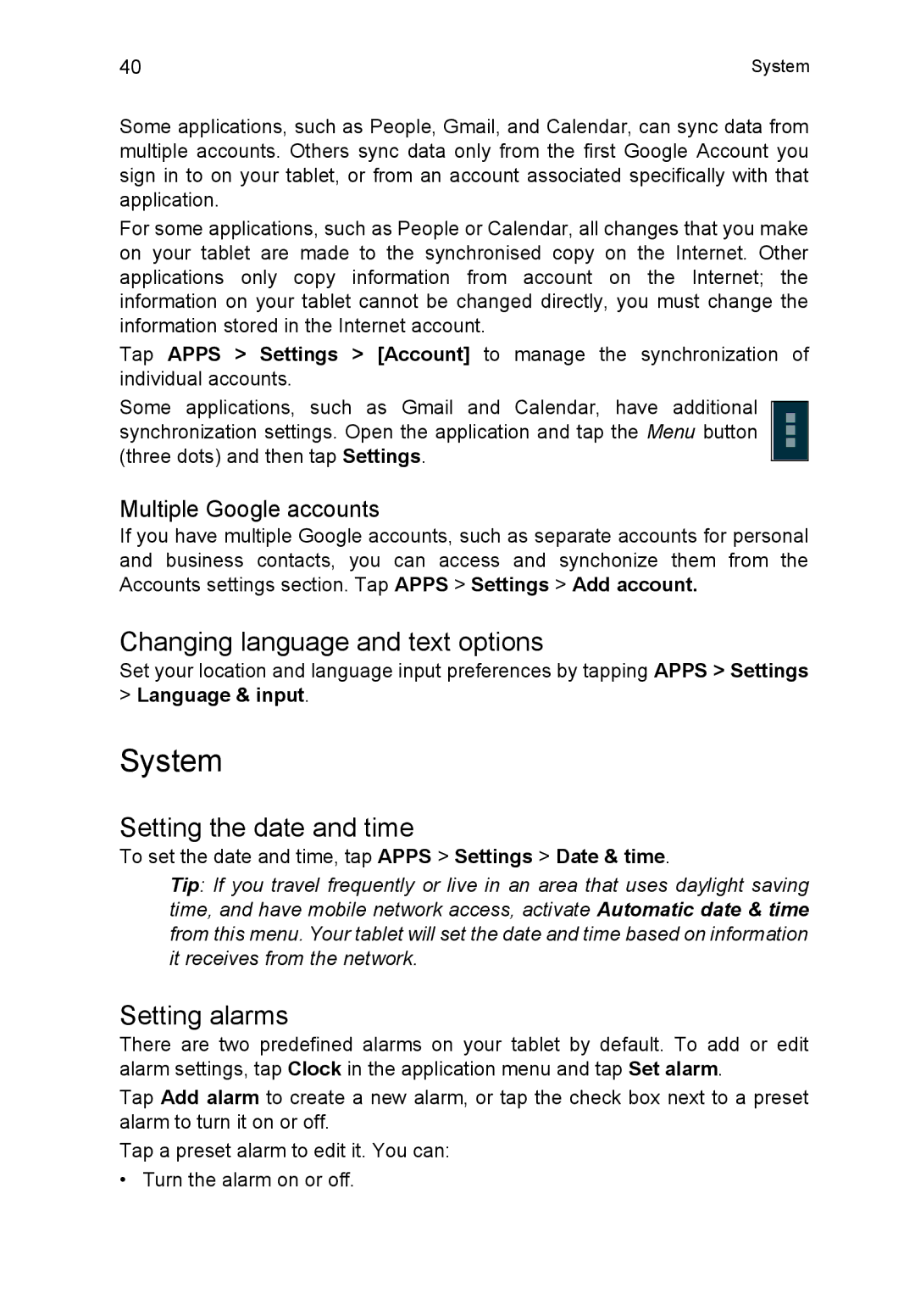 Acer NT.L1VEK.001, B1-710 manual System, Changing language and text options, Setting the date and time, Setting alarms 