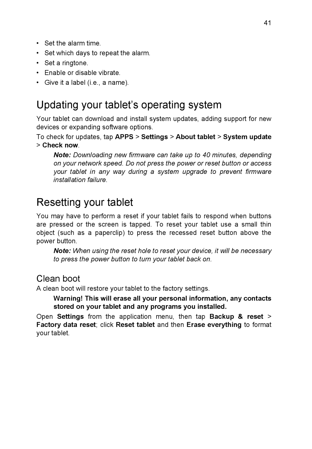 Acer B1-710, NT.L1VEK.001 manual Updating your tablet’s operating system, Resetting your tablet, Clean boot 