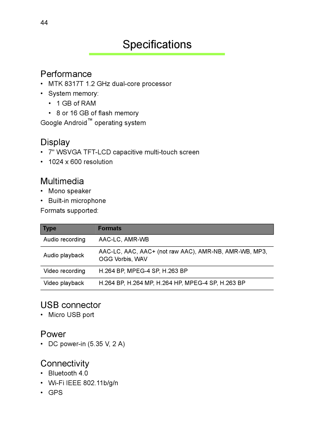 Acer NT.L1VEK.001, B1-710 manual Specifications 