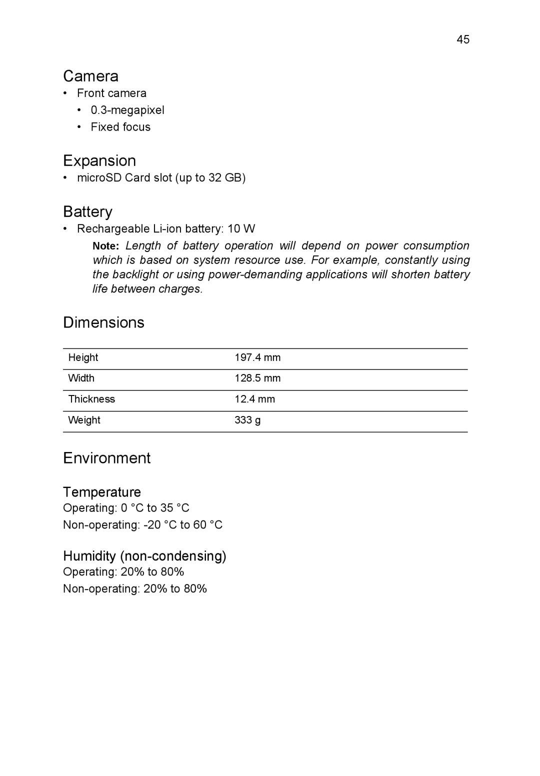 Acer B1-710, NT.L1VEK.001 manual Camera, Expansion, Battery, Dimensions, Environment 