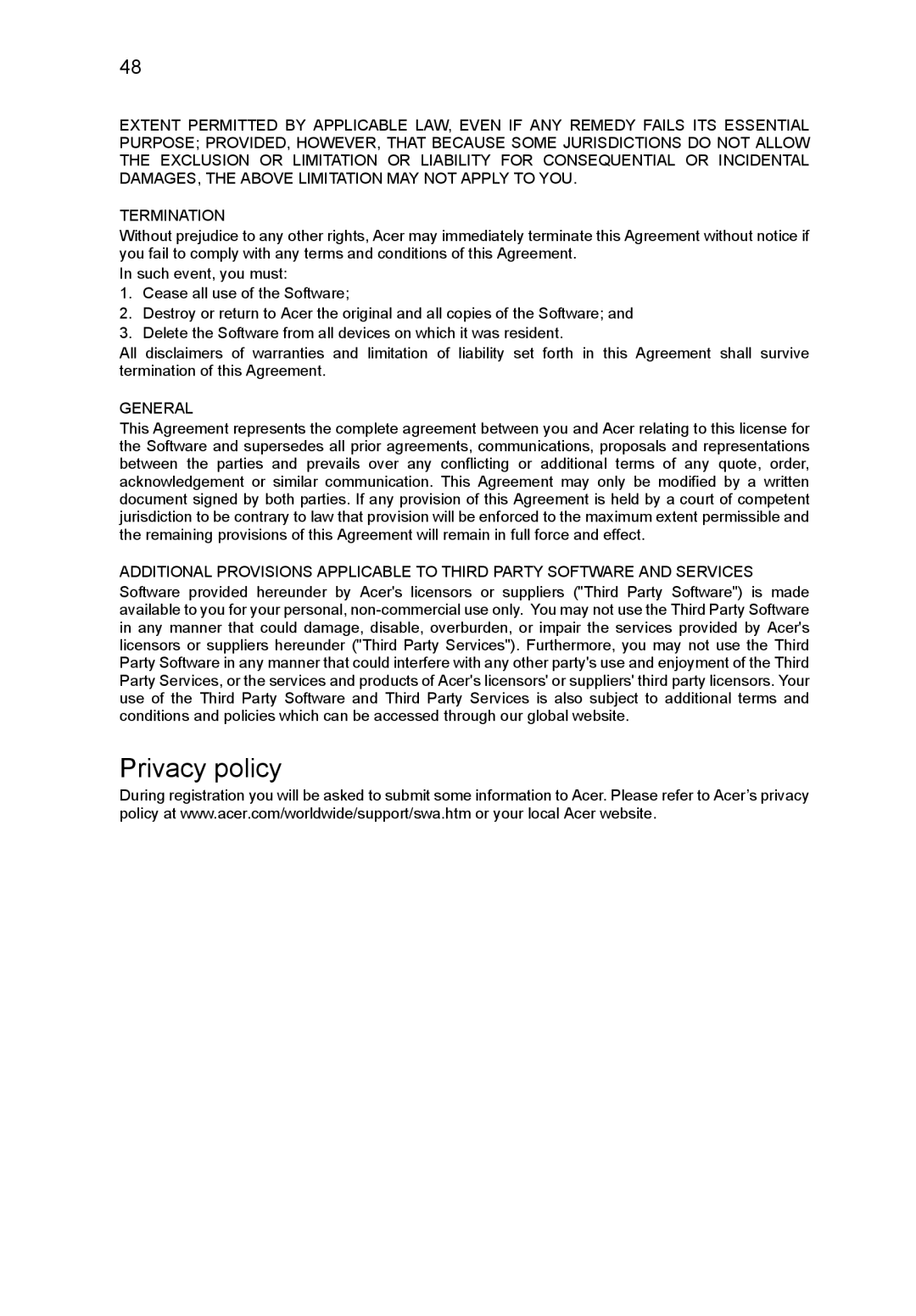 Acer NT.L1VEK.001, B1-710 manual Privacy policy, General 