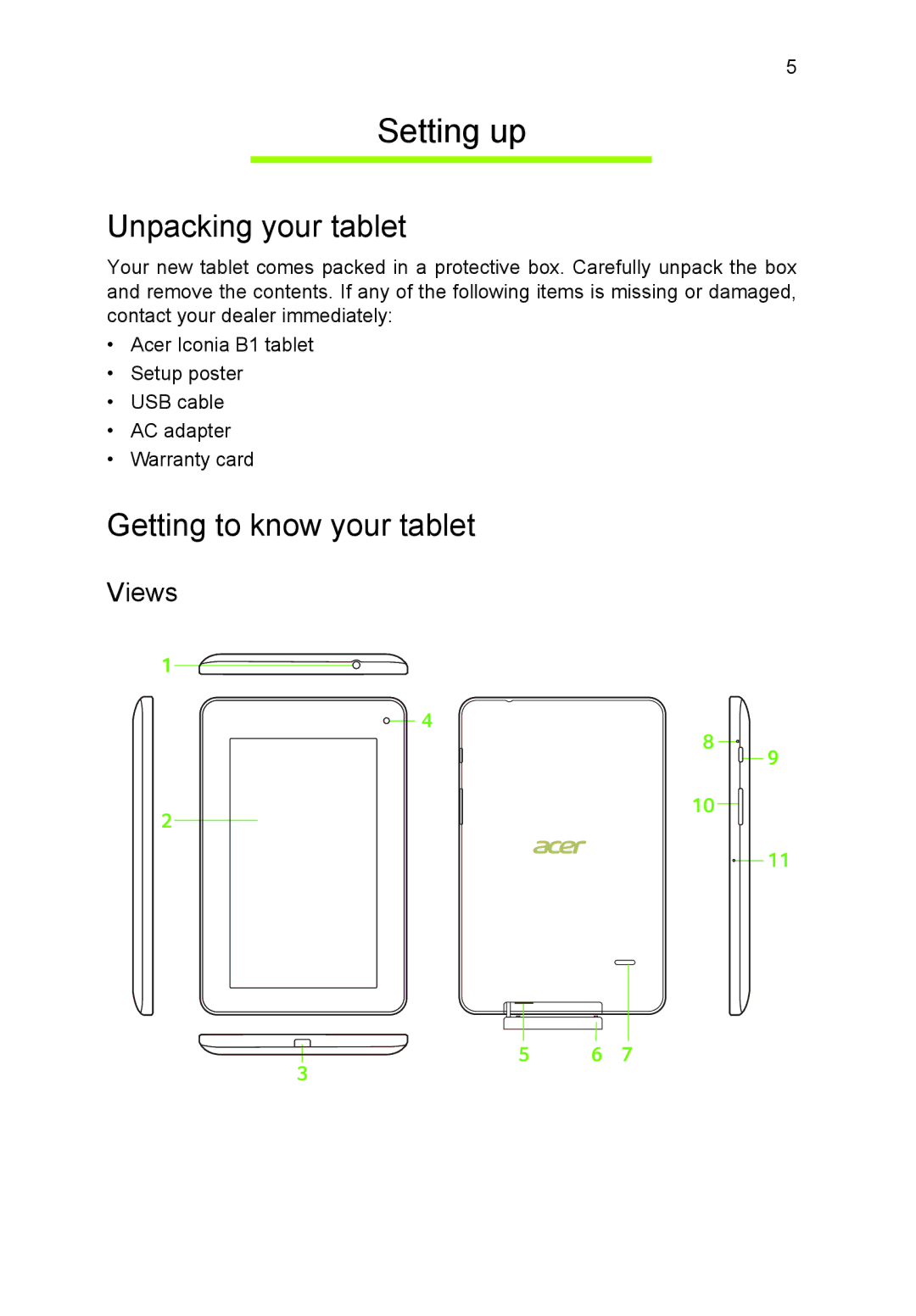 Acer B1-710, NT.L1VEK.001 manual Setting up, Unpacking your tablet, Getting to know your tablet, Views 