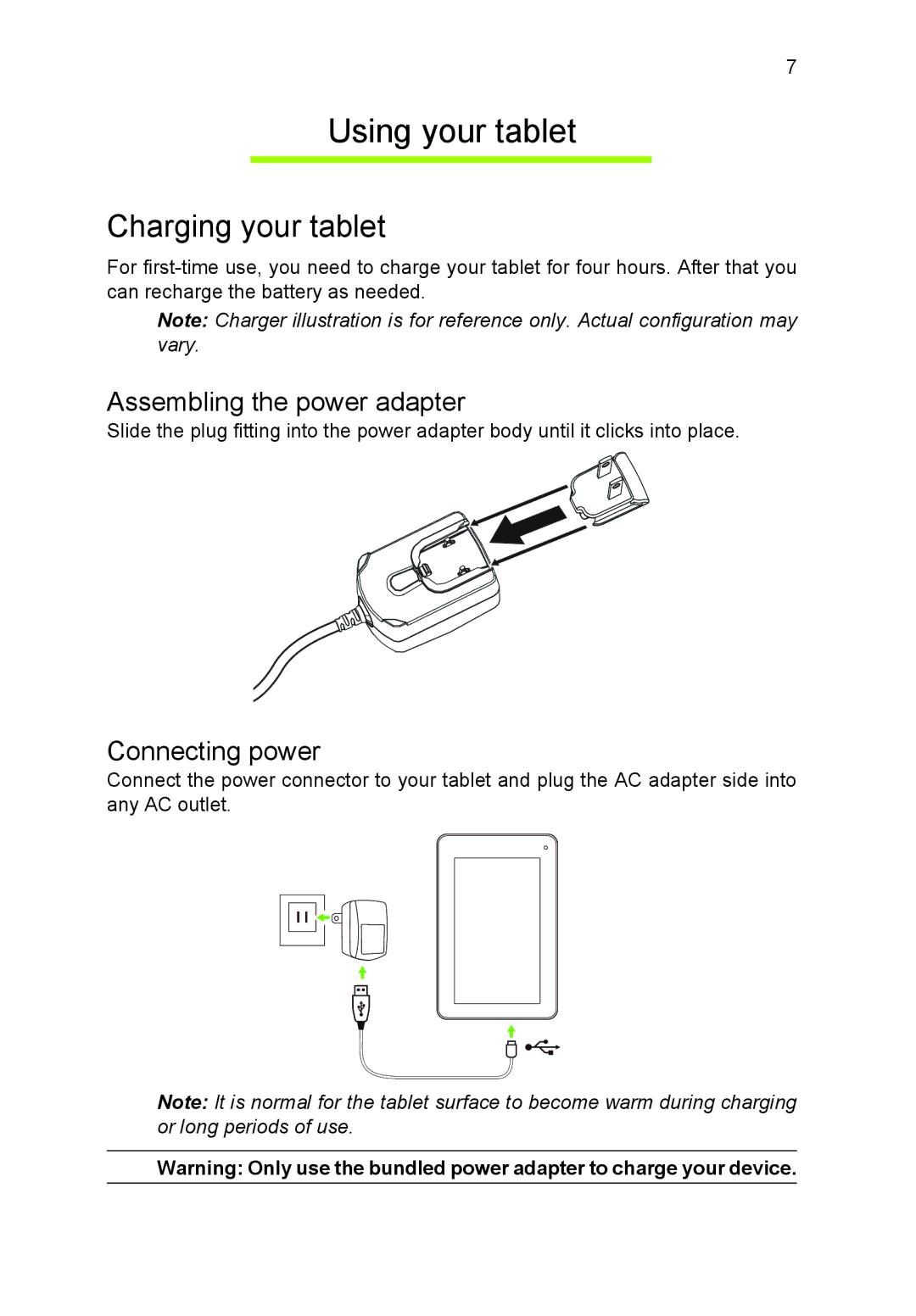 Acer B1-710, NT.L1VEK.001 manual Using your tablet, Charging your tablet, Assembling the power adapter, Connecting power 