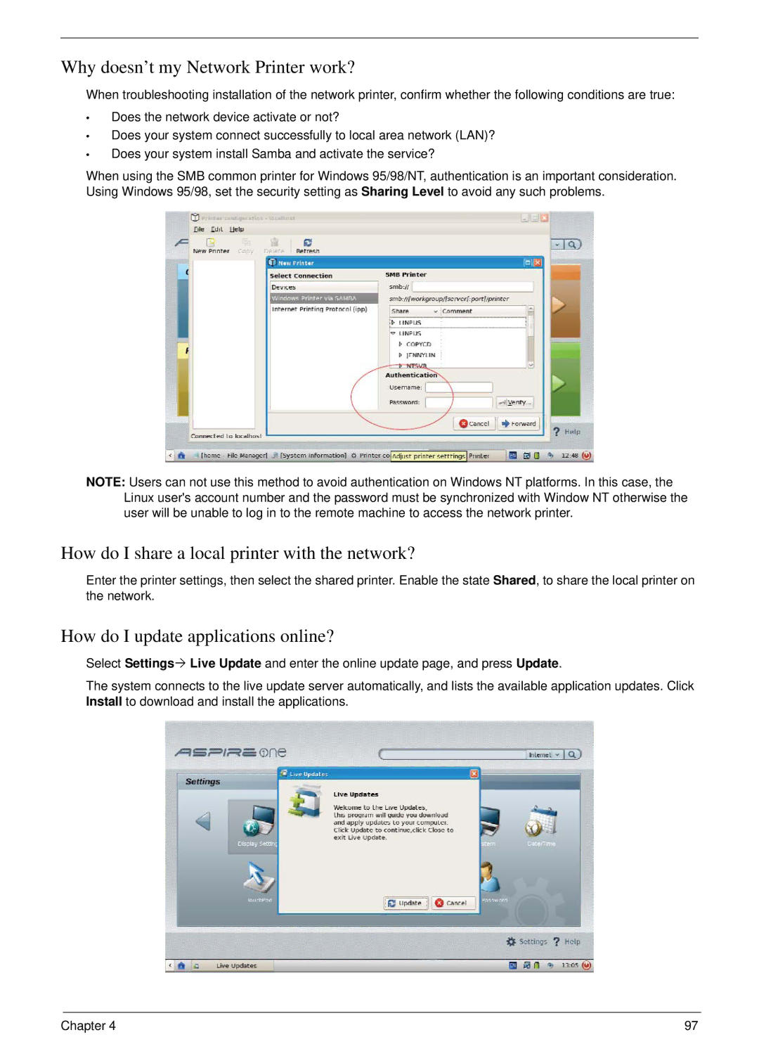 Acer NU.SH3AA.007 manual Why doesn’t my Network Printer work?, How do I share a local printer with the network? 