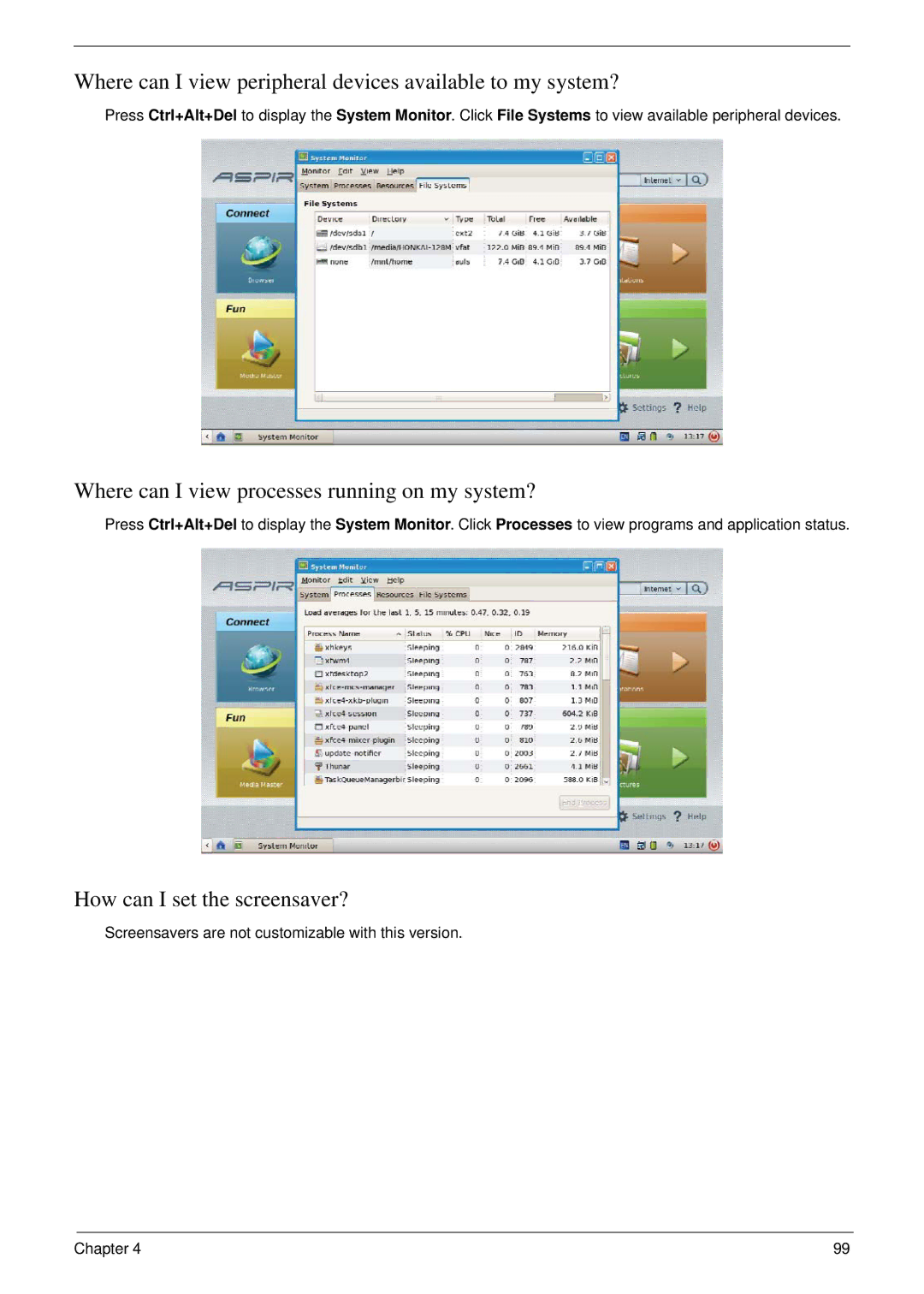 Acer NU.SH3AA.007 manual Where can I view peripheral devices available to my system?, How can I set the screensaver? 