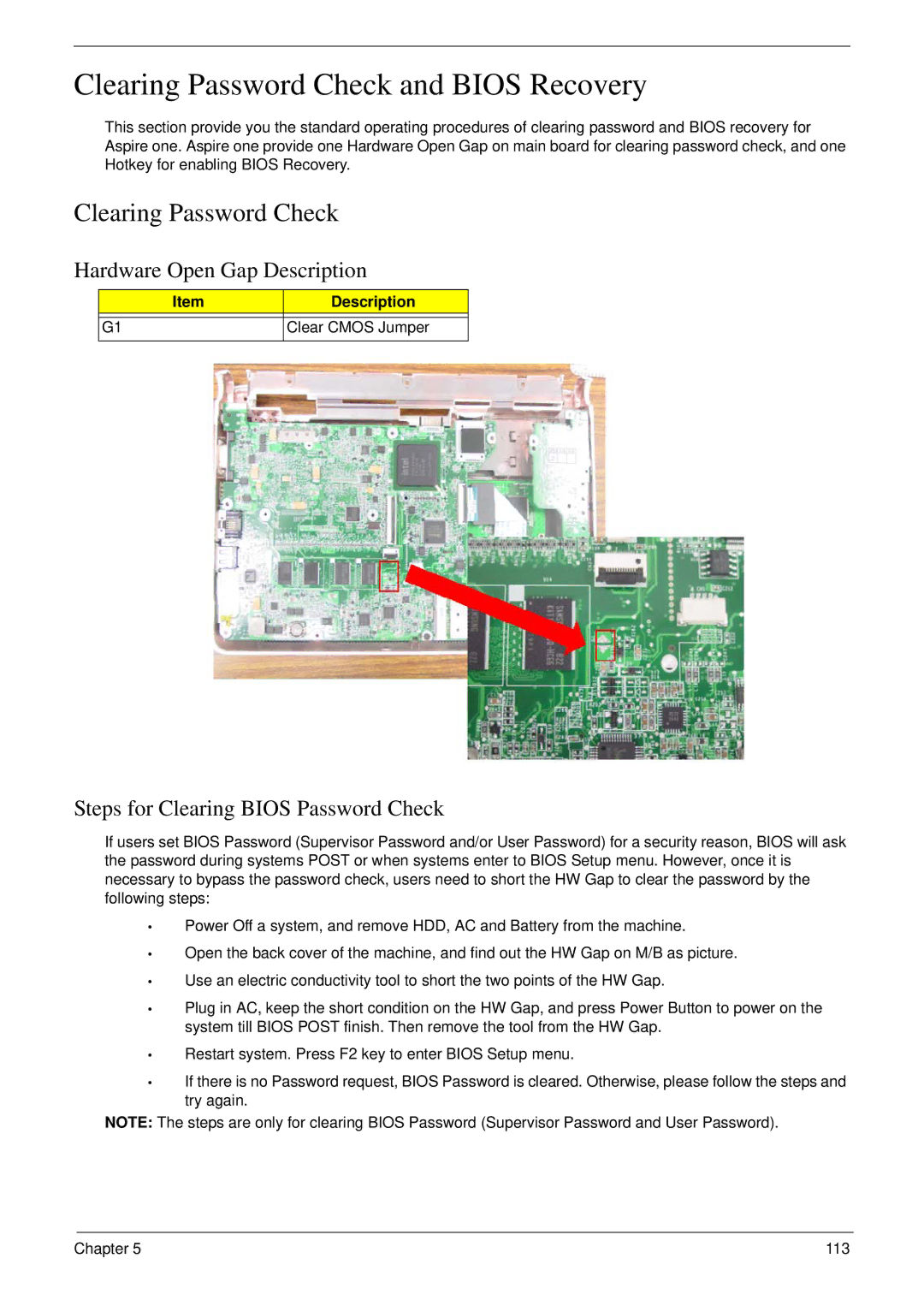 Acer NU.SH3AA.007 manual Clearing Password Check and Bios Recovery, Hardware Open Gap Description, Clear Cmos Jumper 