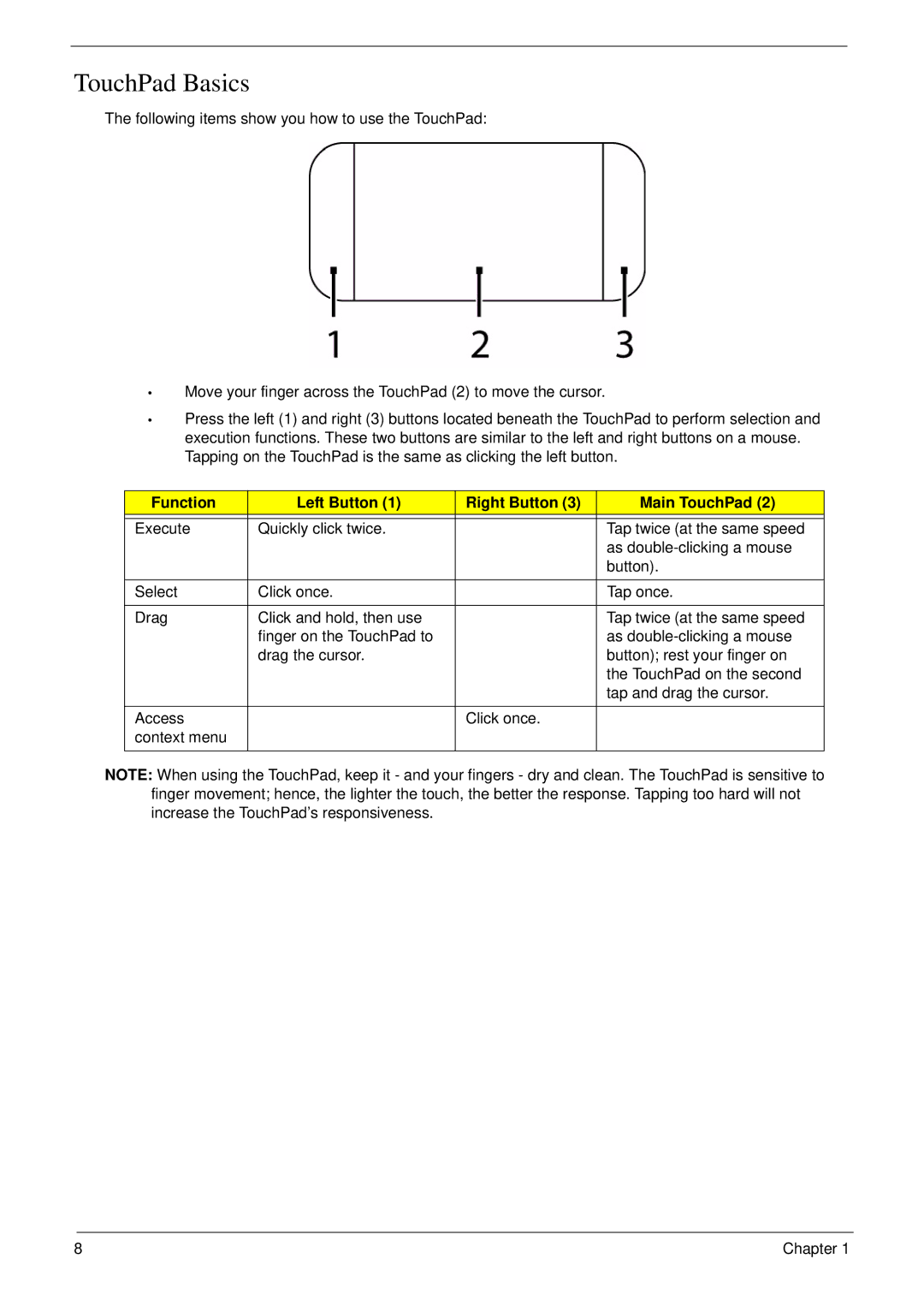 Acer NU.SH3AA.007 manual TouchPad Basics, Function Left Button Right Button Main TouchPad 