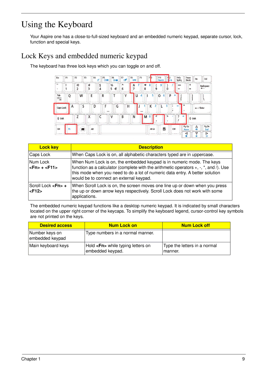 Acer NU.SH3AA.007 manual Using the Keyboard, Lock Keys and embedded numeric keypad 