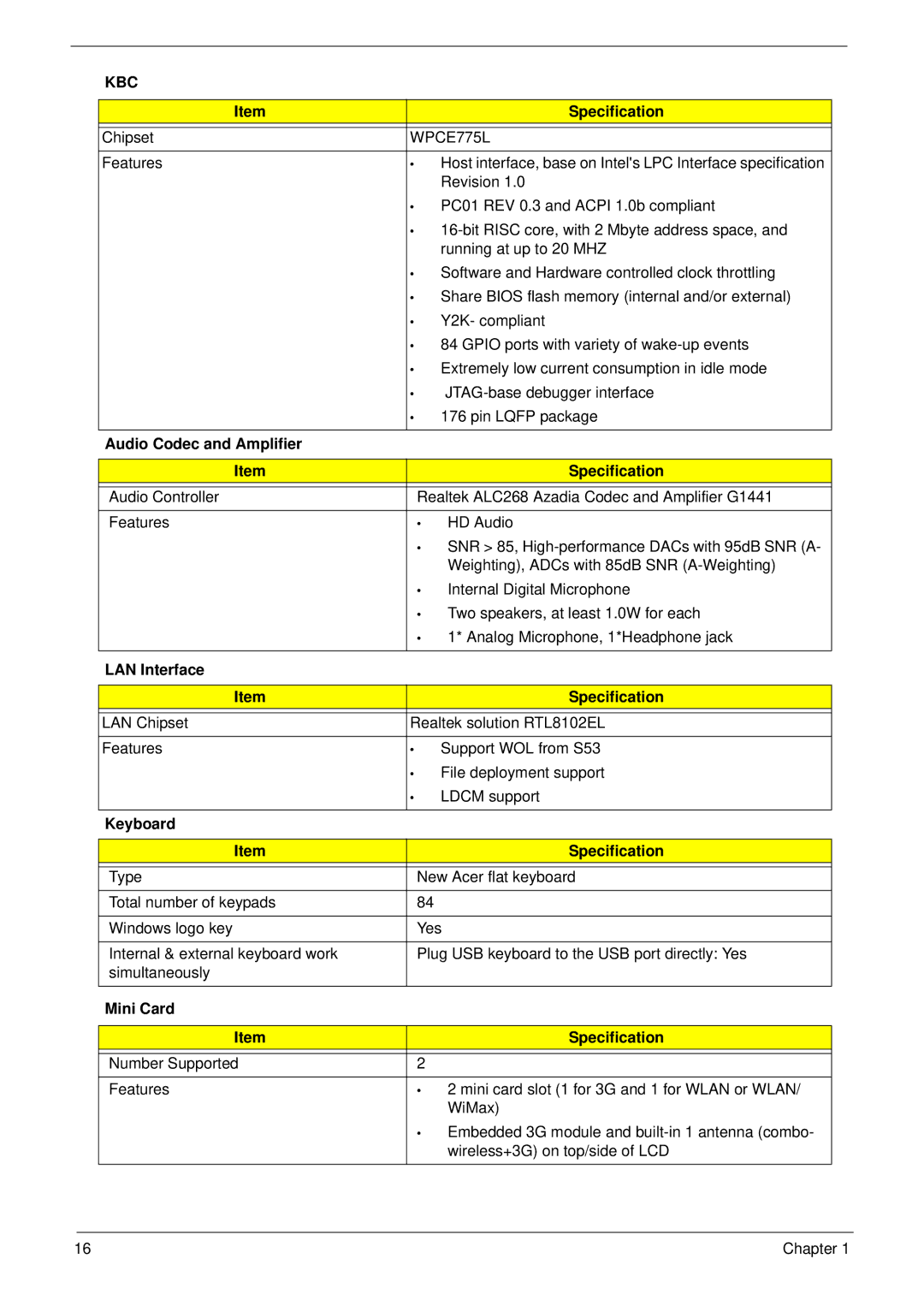 Acer NU.SH3AA.007 WPCE775L, Audio Codec and Amplifier Specification, LAN Interface Specification, Keyboard Specification 