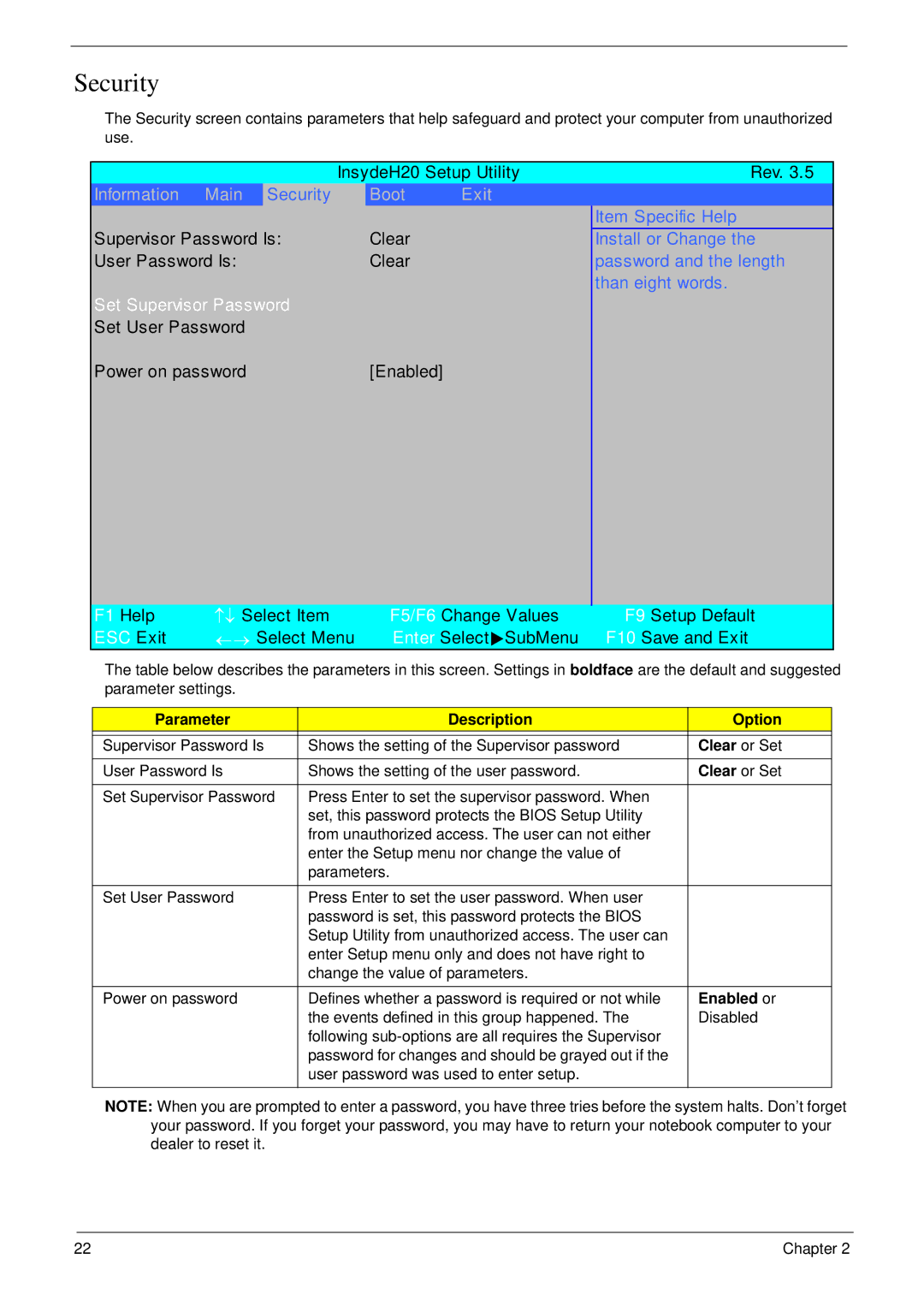 Acer NU.SH3AA.007 manual Security, Parameter Description Option, Clear or Set, Enabled or 