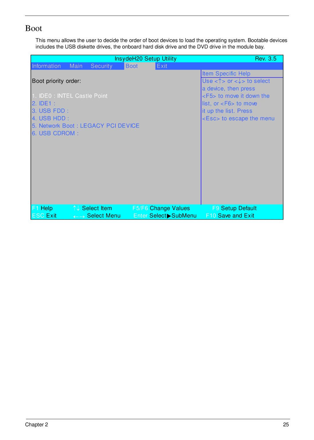 Acer NU.SH3AA.007 manual Boot, USB Cdrom 