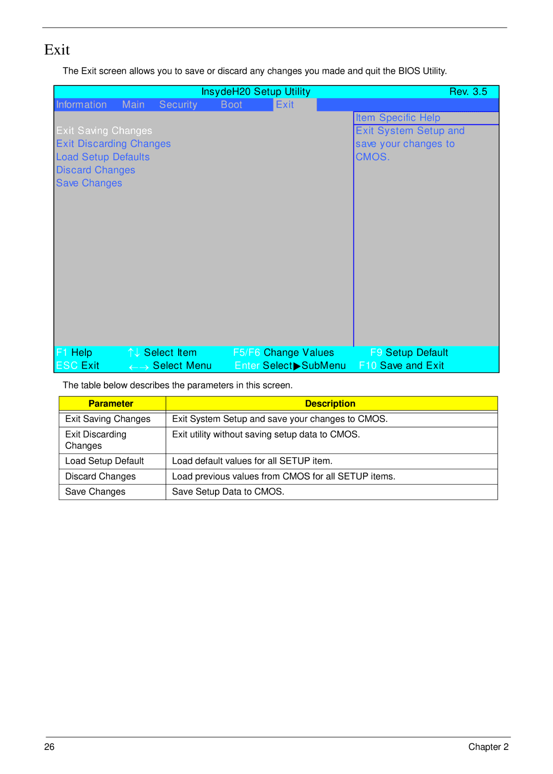 Acer NU.SH3AA.007 manual Exit, Table below describes the parameters in this screen 