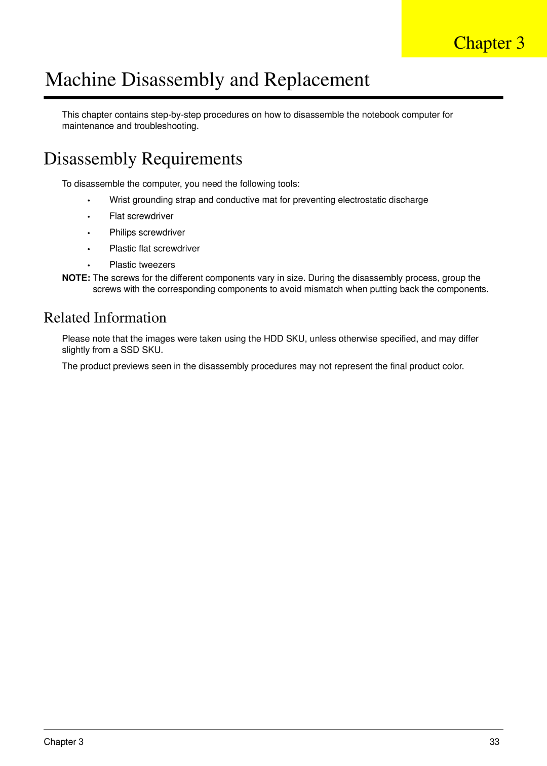 Acer NU.SH3AA.007 manual Disassembly Requirements, Related Information 