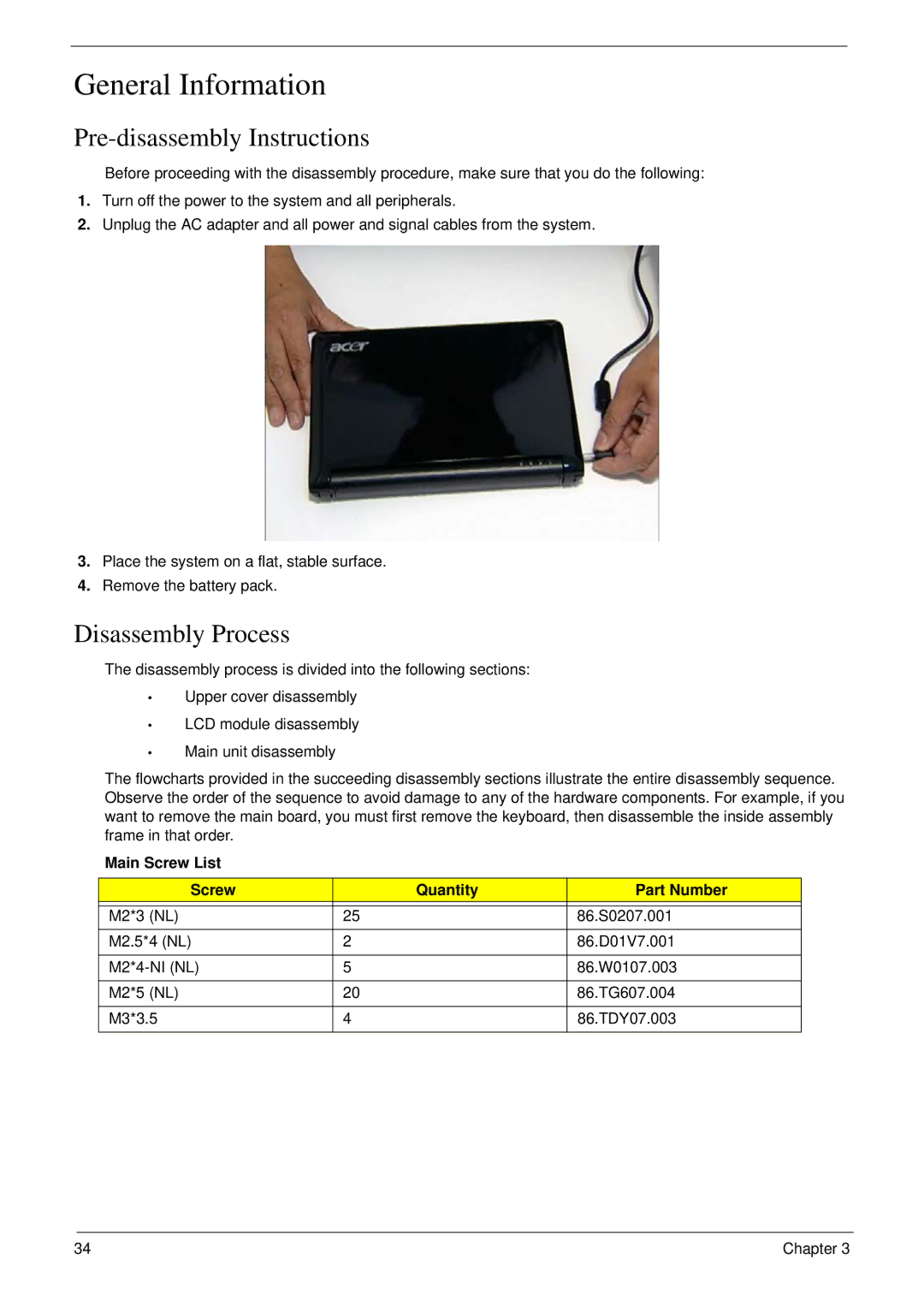 Acer NU.SH3AA.007 manual General Information, Pre-disassembly Instructions, Disassembly Process 