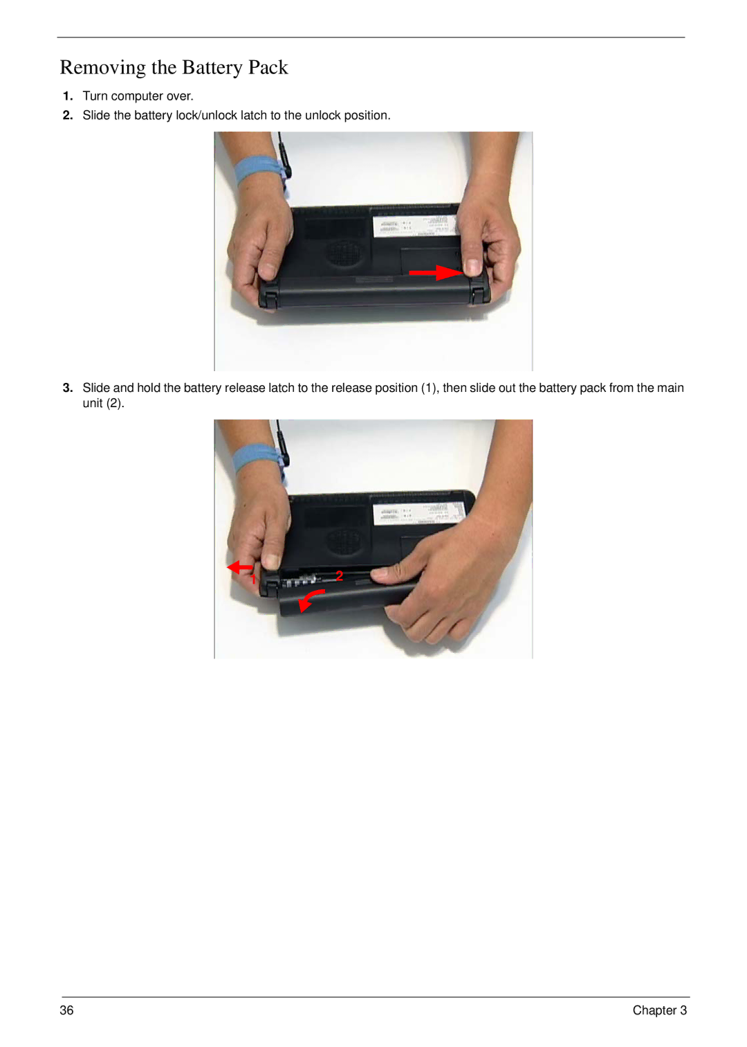 Acer NU.SH3AA.007 manual Removing the Battery Pack 