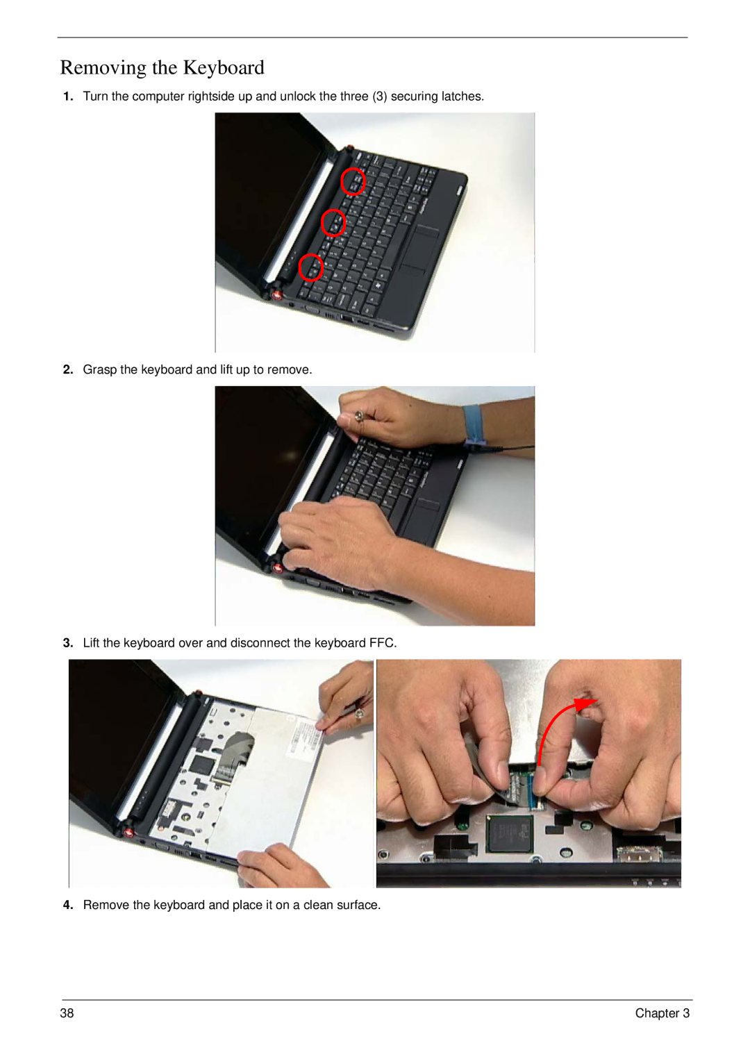 Acer NU.SH3AA.007 manual Removing the Keyboard 