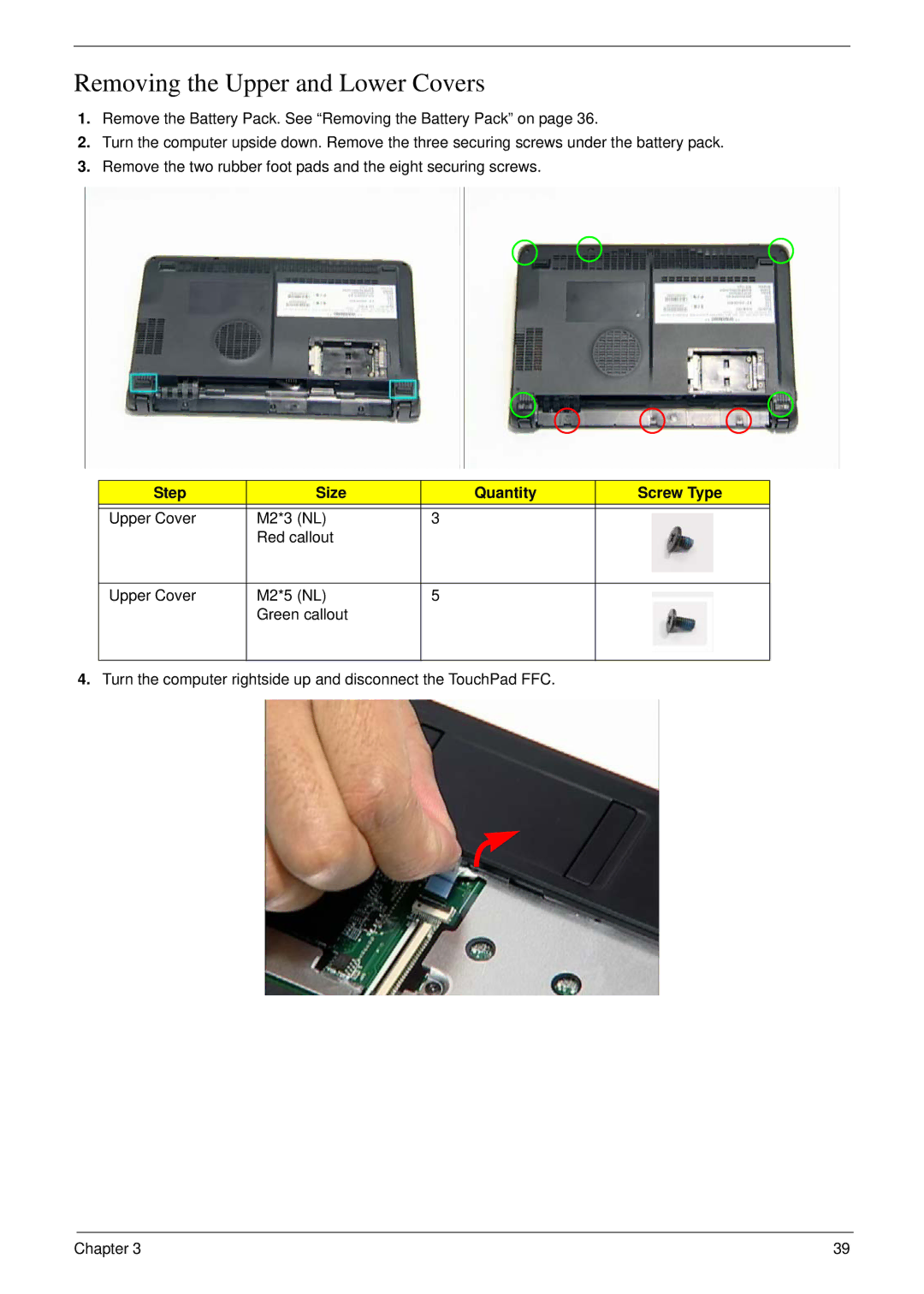 Acer NU.SH3AA.007 manual Removing the Upper and Lower Covers, Step Size Quantity Screw Type 