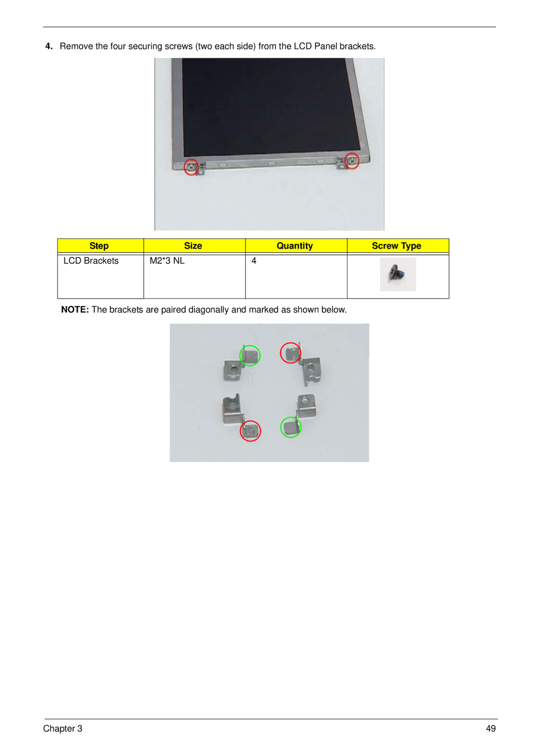 Acer NU.SH3AA.007 manual Step Size Quantity Screw Type LCD Brackets M2*3 NL 