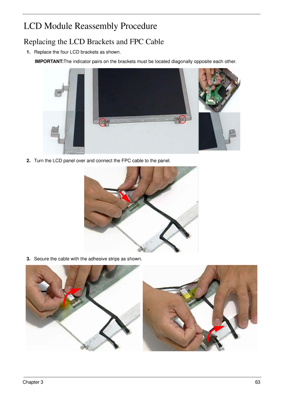 Acer NU.SH3AA.007 manual LCD Module Reassembly Procedure, Replacing the LCD Brackets and FPC Cable 