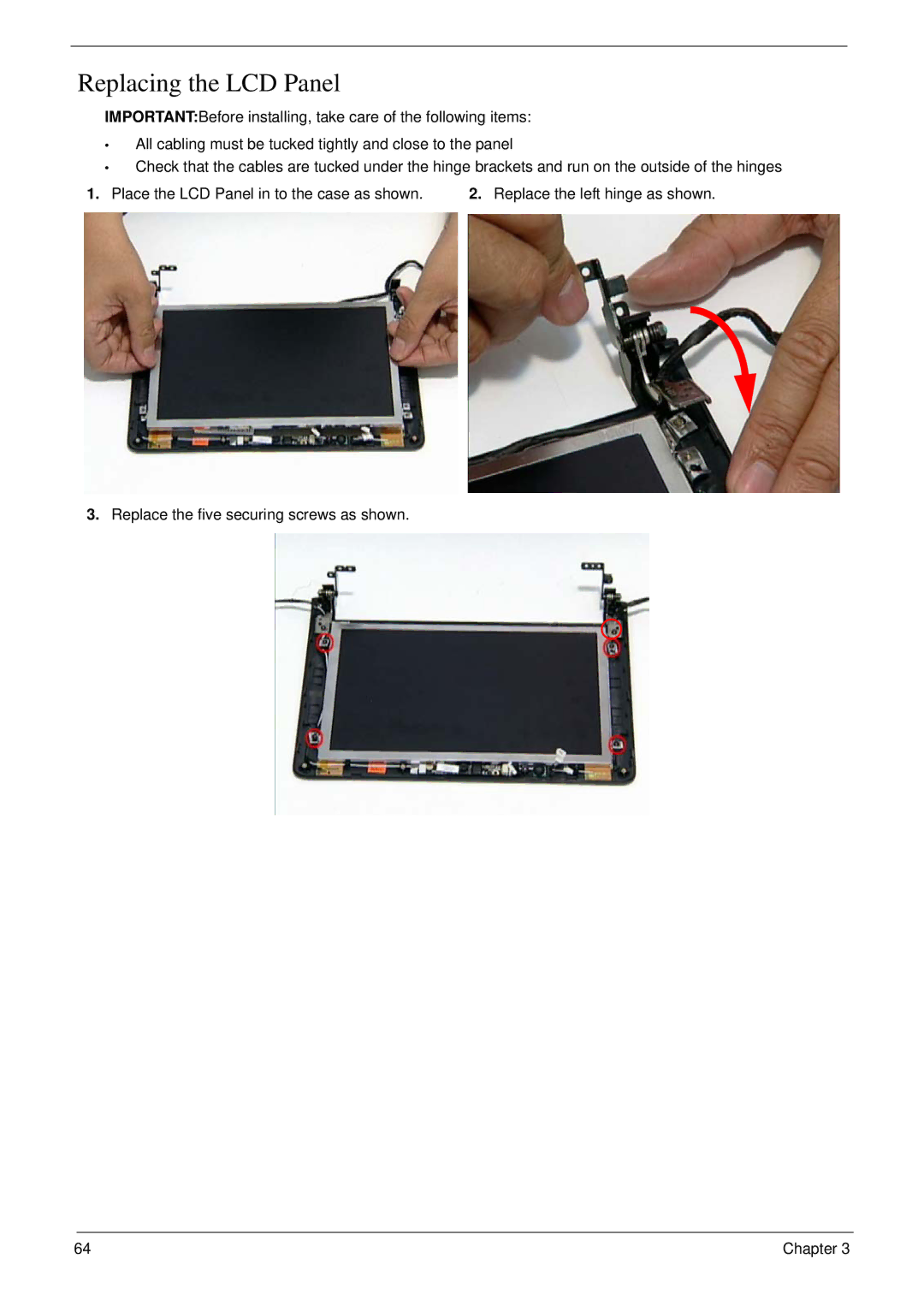 Acer NU.SH3AA.007 manual Replacing the LCD Panel, Replace the five securing screws as shown 