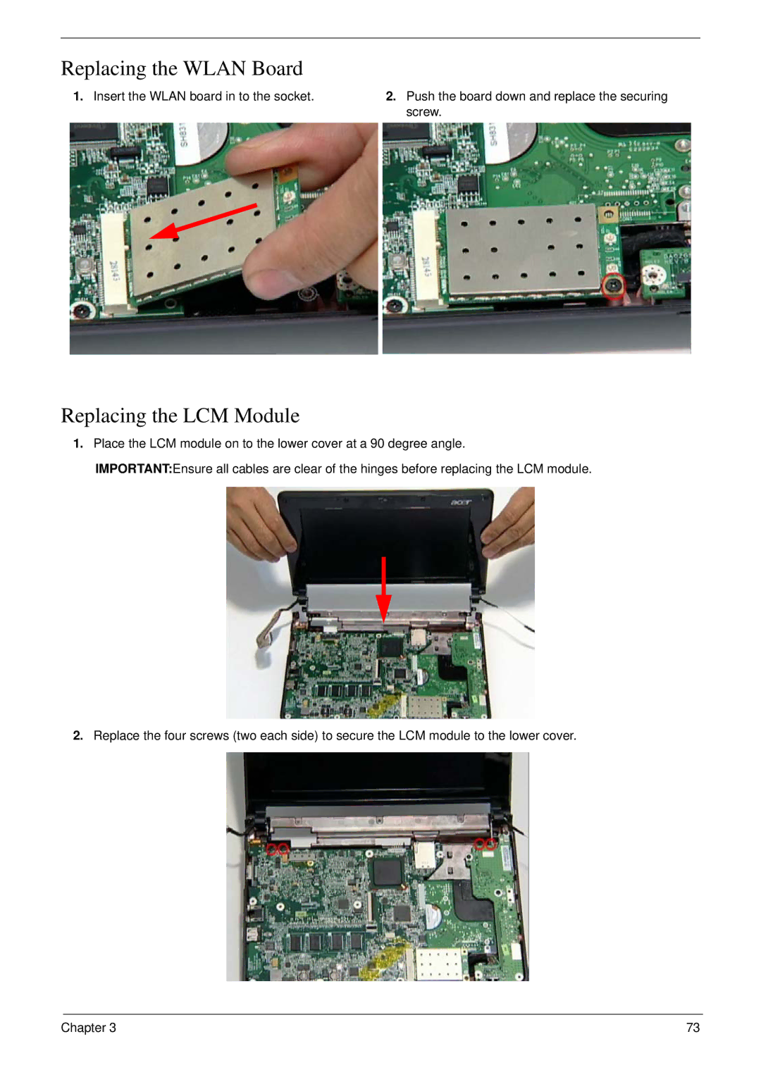 Acer NU.SH3AA.007 manual Replacing the Wlan Board, Replacing the LCM Module 