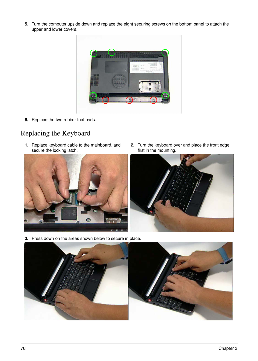 Acer NU.SH3AA.007 manual Replacing the Keyboard 