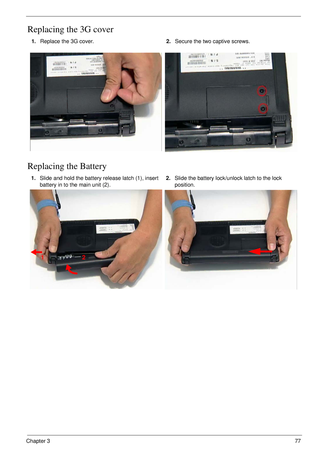 Acer NU.SH3AA.007 manual Replacing the 3G cover, Replacing the Battery, Replace the 3G cover Secure the two captive screws 