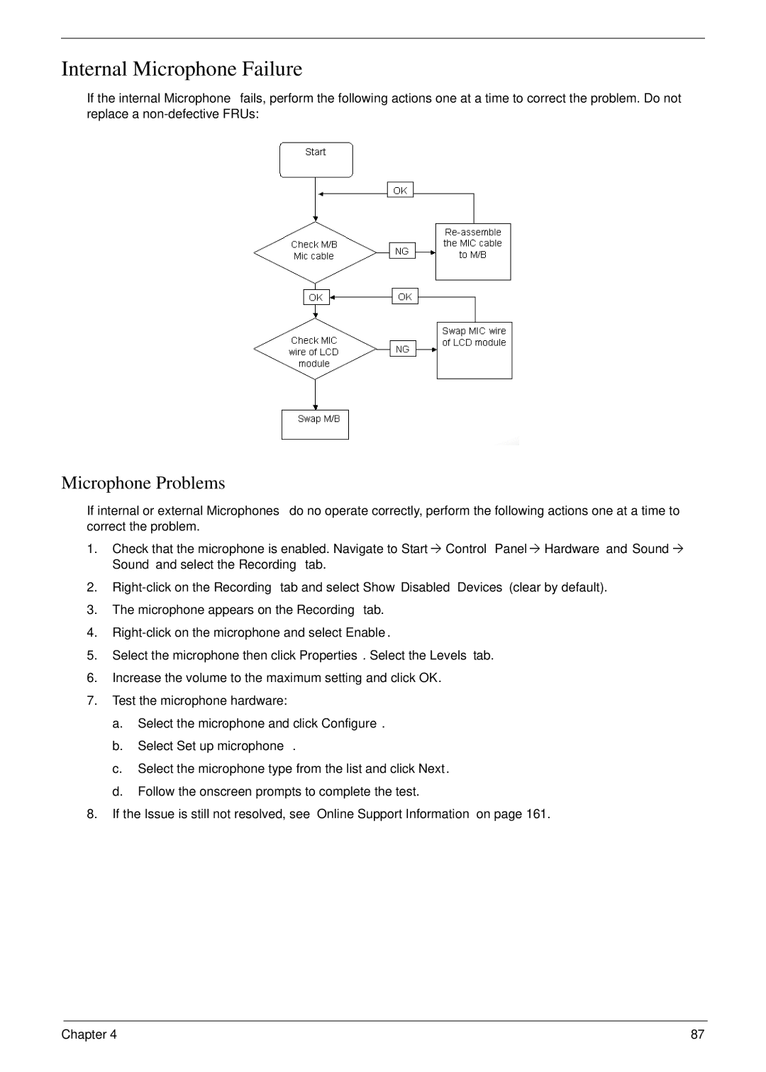 Acer NU.SH3AA.007 manual Internal Microphone Failure, Microphone Problems, Select Set up microphone 