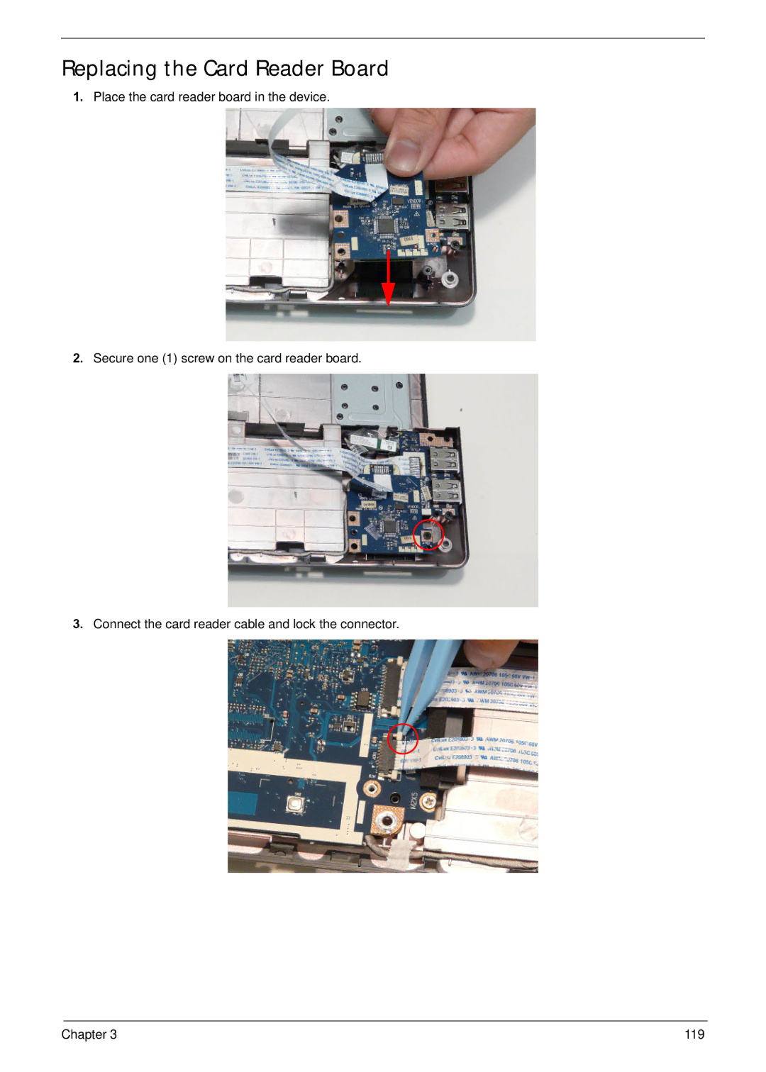 Acer NV59C manual Replacing the Card Reader Board 