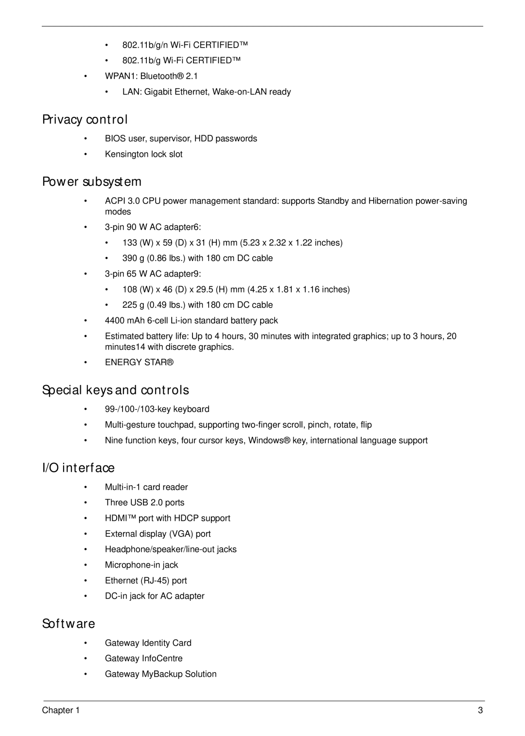 Acer NV59C manual Privacy control, Power subsystem, Special keys and controls, Interface, Software 