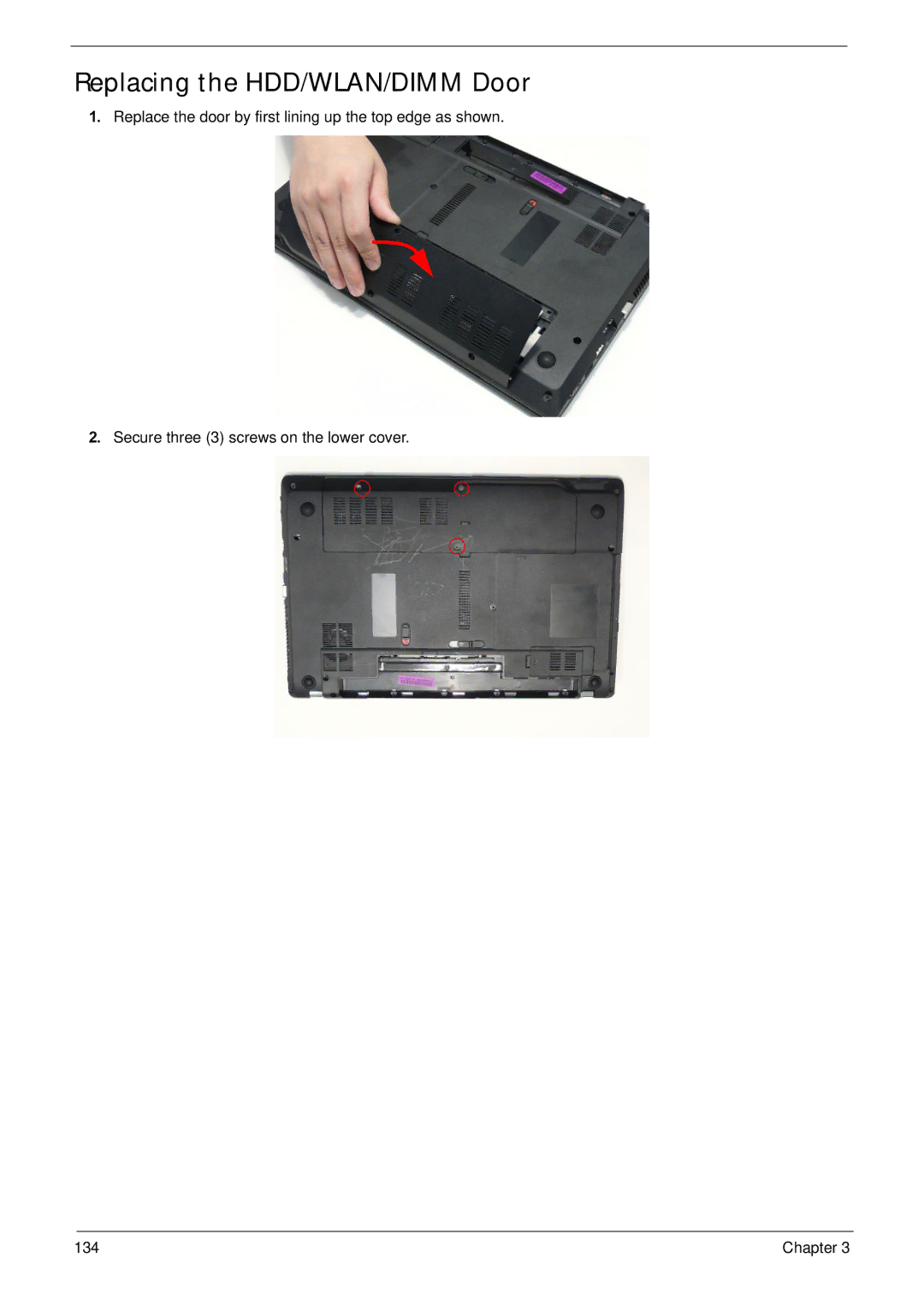 Acer NV59C manual Replacing the HDD/WLAN/DIMM Door 