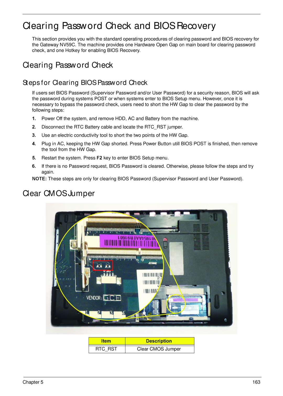 Acer NV59C manual Clearing Password Check and Bios Recovery, Clear Cmos Jumper, Steps for Clearing Bios Password Check 