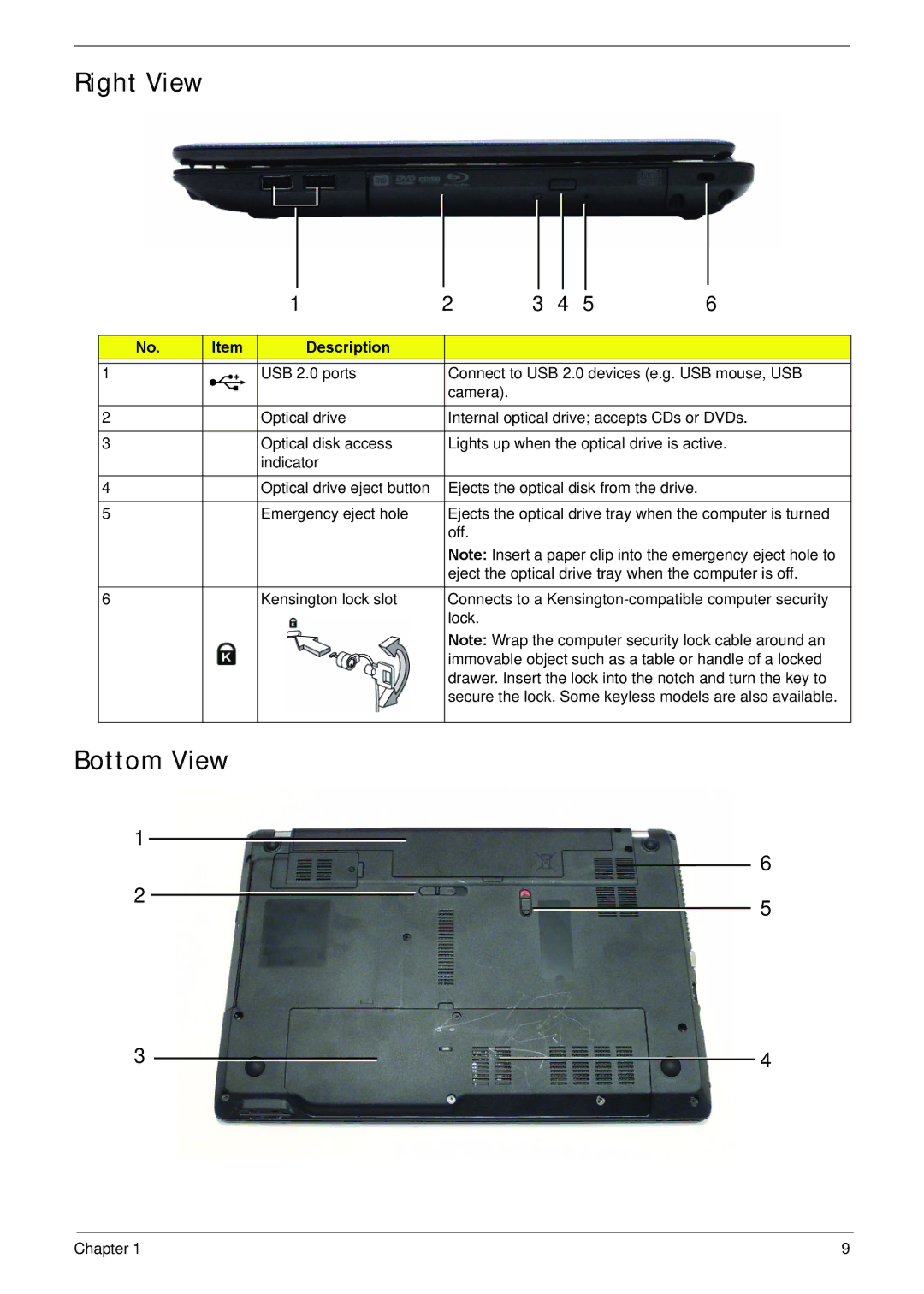 Acer NV59C manual Right View, Bottom View 