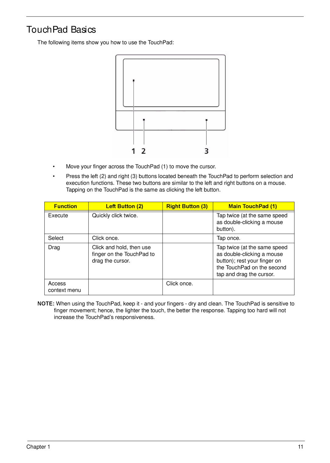 Acer NV59C manual TouchPad Basics, Function Left Button Right Button Main TouchPad 