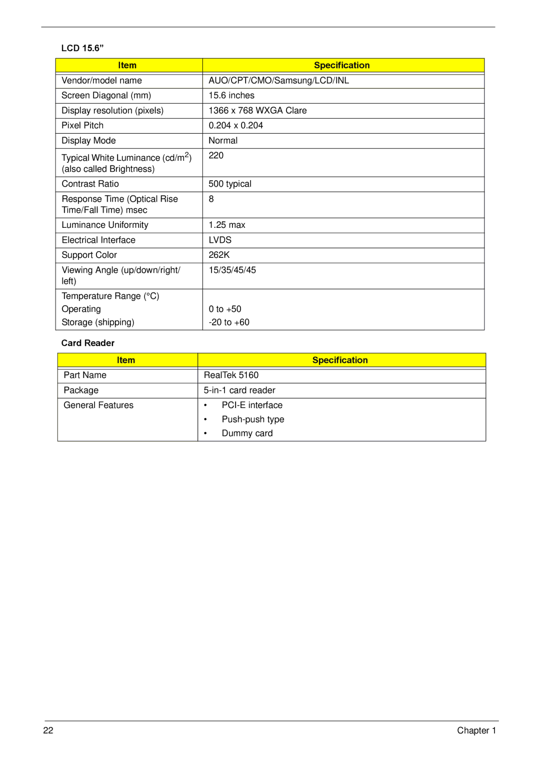 Acer NV59C manual LCD Specification, Lvds, Card Reader Specification 