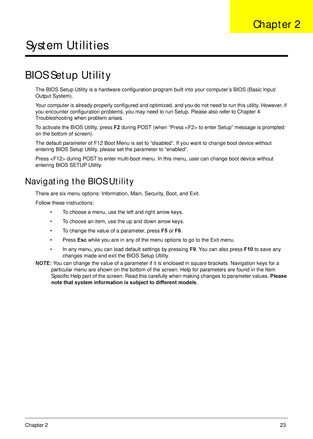 Acer NV59C manual Bios Setup Utility, Navigating the Bios Utility 