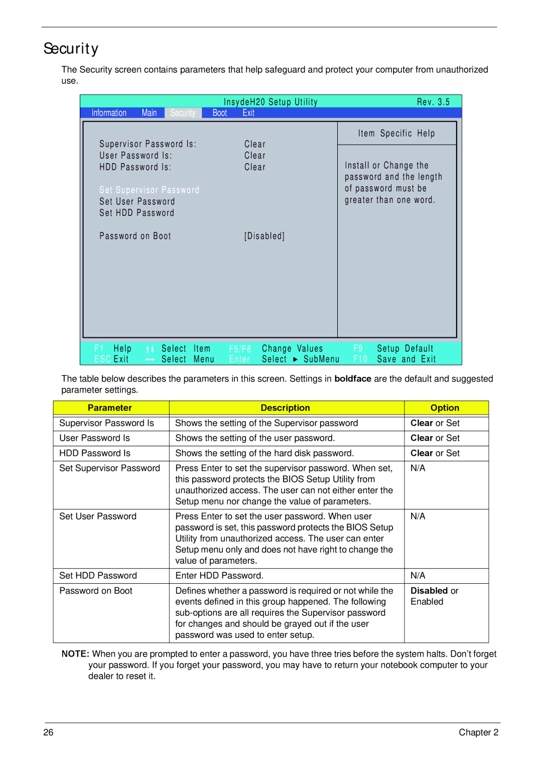 Acer NV59C manual Security, Parameter Description Option, Clear or Set, Disabled or 