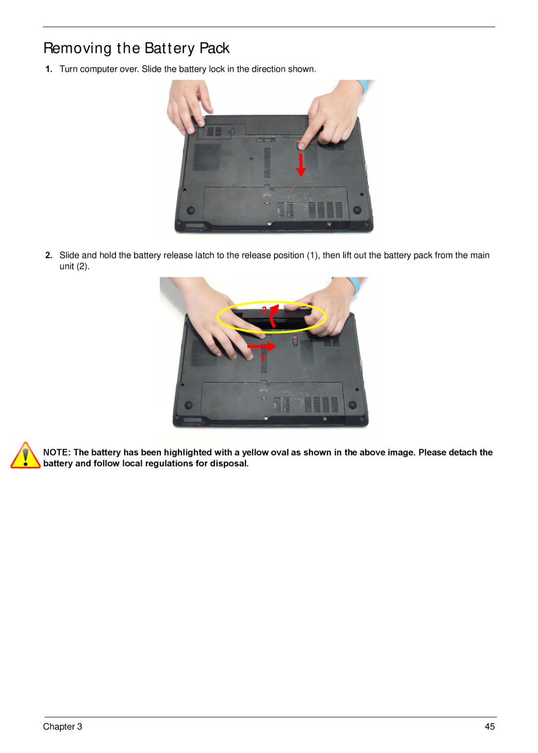 Acer NV59C manual Removing the Battery Pack 