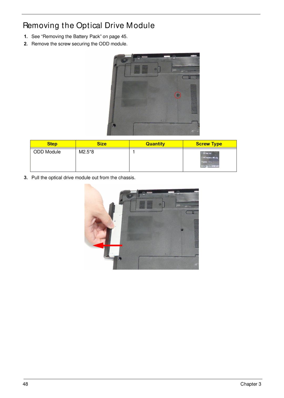 Acer NV59C manual Removing the Optical Drive Module, Step Size Quantity Screw Type ODD Module M2.5*8 