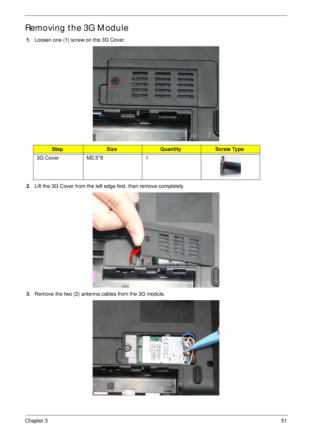 Acer NV59C manual Removing the 3G Module, Step Size Quantity Screw Type 3G Cover M2.5*8 